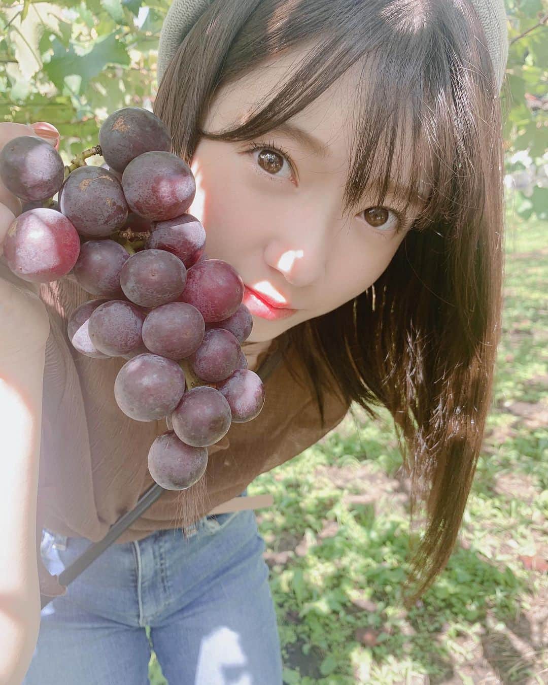 山岸理子のインスタグラム：「* ぶどう狩りしたよー🍇 ぶどうからひょっこり。笑  ・ ・ ・ ・ #tsubaki_factory #つばきファクトリー #山岸理子 #ぶどう狩り #秋の味覚 #美味しかった #いっぱい食べたーー 😋」