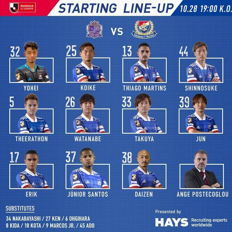 横浜F・マリノスさんのインスタグラム写真 - (横浜F・マリノスInstagram)「Yokohama F.Marinos Team News vs Sanfrecce Hiroshima! 本日のJ1リーグ第32節・サンフレッチェ広島戦のメンバーが発表されました！  #fmarinos #Jリーグ #スタメン #startingXI #jleague #HAYS」10月28日 17時19分 - yokohamaf.marinos