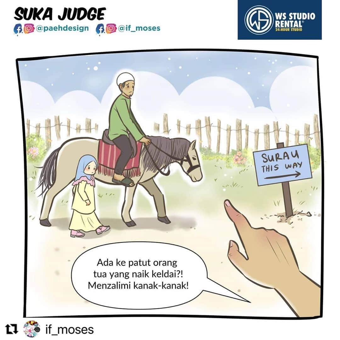 Koleksi Komik Malaysiaさんのインスタグラム写真 - (Koleksi Komik MalaysiaInstagram)「#Repost @if_moses with @make_repost ・・・ Biasa tak dengar kisah orang tua, cucu dan keldai ni? Kali ni admin 'twist' sikit hehe. 😜  Macam mana ya nak minta orang berhenti 'judge' kita? Penat kan asyik kena 'judge'? Nah, baca komik ni sampai habis. 👆😊   Komik ini ditaja oleh: @wsstudiorental  (Sewa studio luas, selesa & lengkap dengan harga yang berpatutan! Available 24 jam. 🤩)   #mosesart #mosesartwork #paehdesign #1hari1komik #komikislam #komikdakwah #komikmuslimah #comic #commission #24HourStudio #StudioRental #WsStudioRental」10月28日 17時44分 - tokkmungg_exclusive