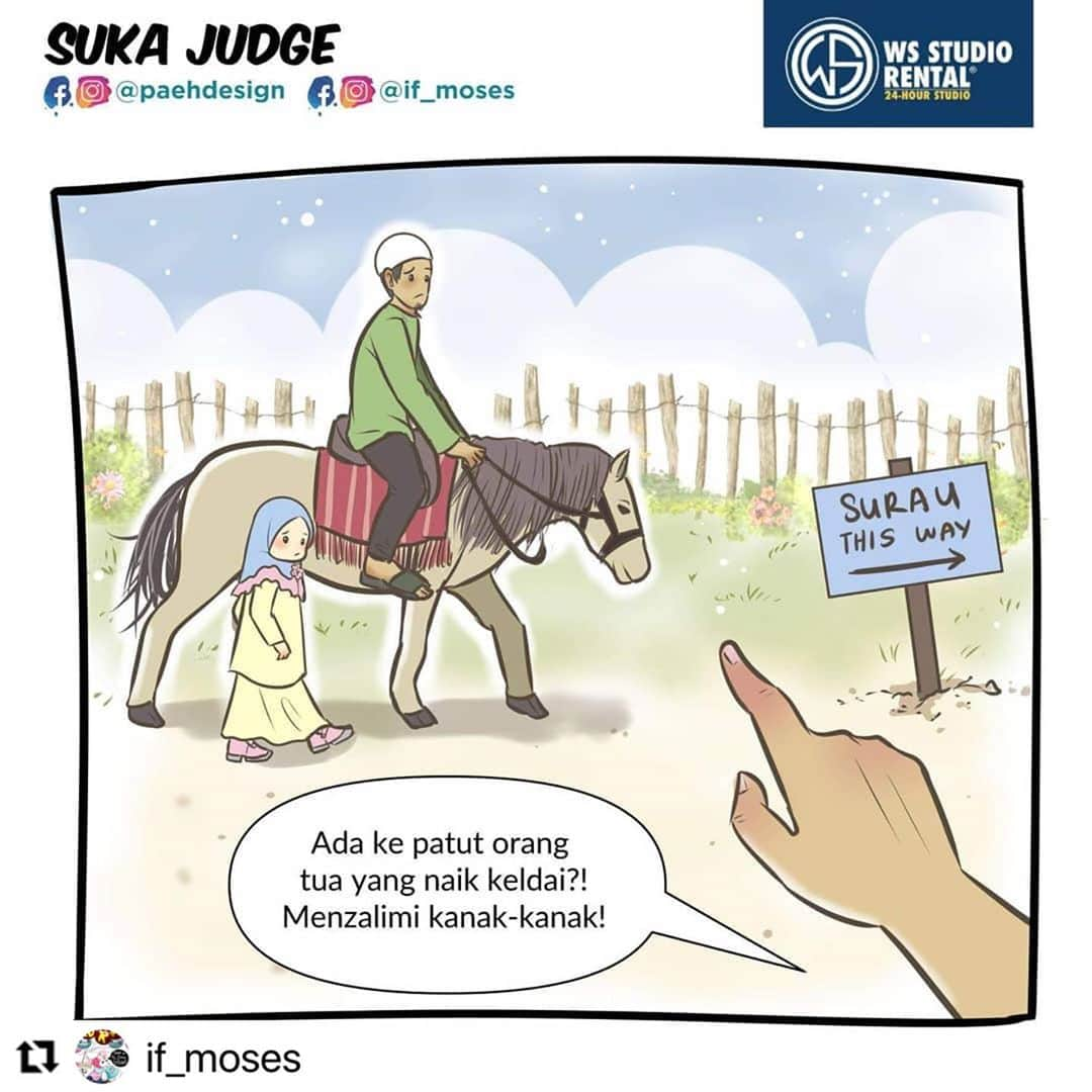 Koleksi Komik Malaysiaさんのインスタグラム写真 - (Koleksi Komik MalaysiaInstagram)「#Repost @if_moses with @make_repost ・・・ Biasa tak dengar kisah orang tua, cucu dan keldai ni? Kali ni admin 'twist' sikit hehe. 😜  Macam mana ya nak minta orang berhenti 'judge' kita? Penat kan asyik kena 'judge'? Nah, baca komik ni sampai habis. 👆😊   Komik ini ditaja oleh: @wsstudiorental  (Sewa studio luas, selesa & lengkap dengan harga yang berpatutan! Available 24 jam. 🤩)   #mosesart #mosesartwork #paehdesign #1hari1komik #komikislam #komikdakwah #komikmuslimah #comic #commission #24HourStudio #StudioRental #WsStudioRental」10月28日 17時44分 - tokkmungg_exclusive