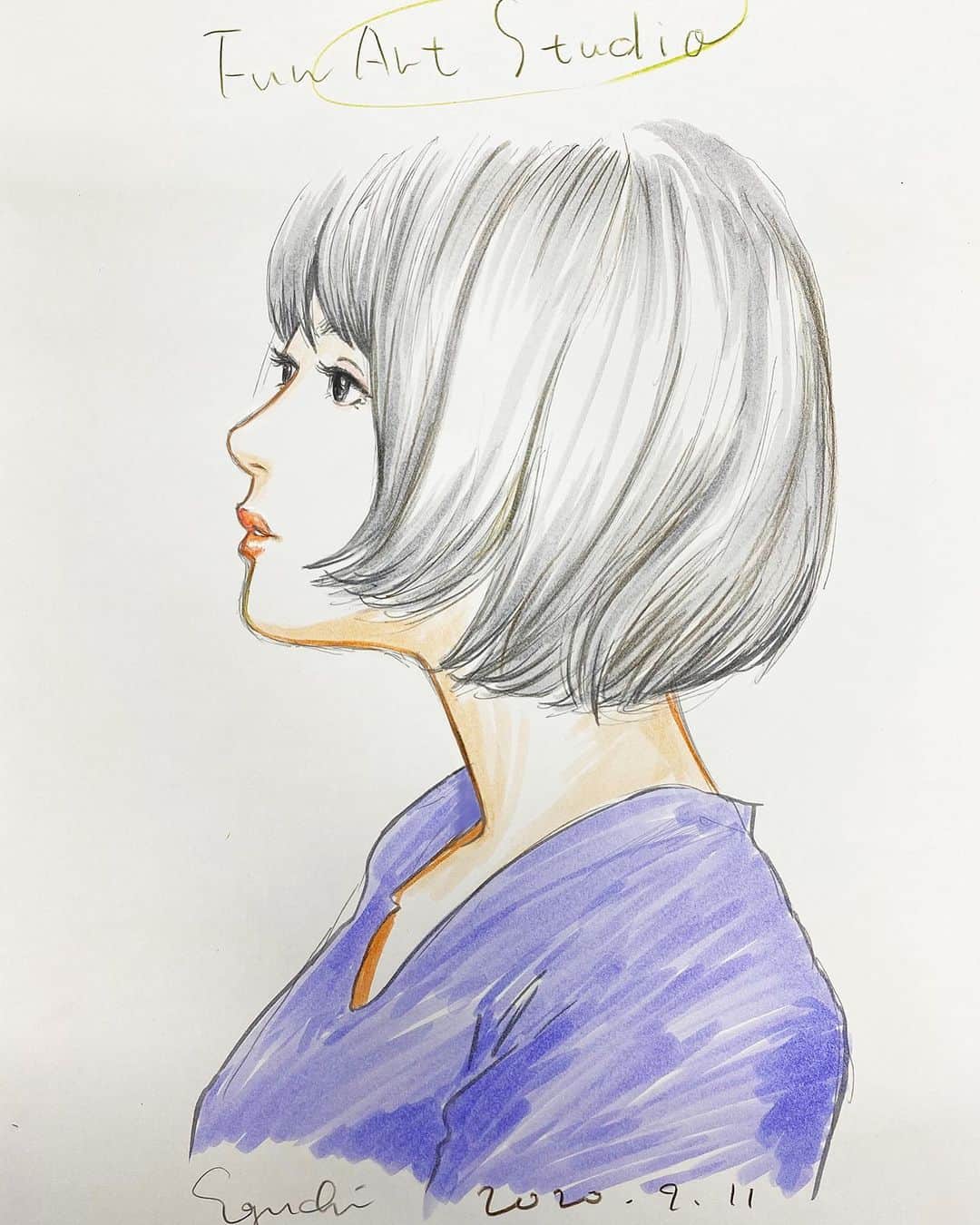 江口寿史のインスタグラム：「トンボ鉛筆さんの『Fun Art Studio』のインタビュー記事が配信中。よかったら読んでみてください。インタビュー中にトンボ鉛筆さんにご提供いただいたABTマーカーと「色辞典」という色鉛筆で描いた絵。アウェイの画材でのオール手描きなので、普段と違った雰囲気になりましたね。 https://tombow-funart.com/topics/funartlovers/6057/」