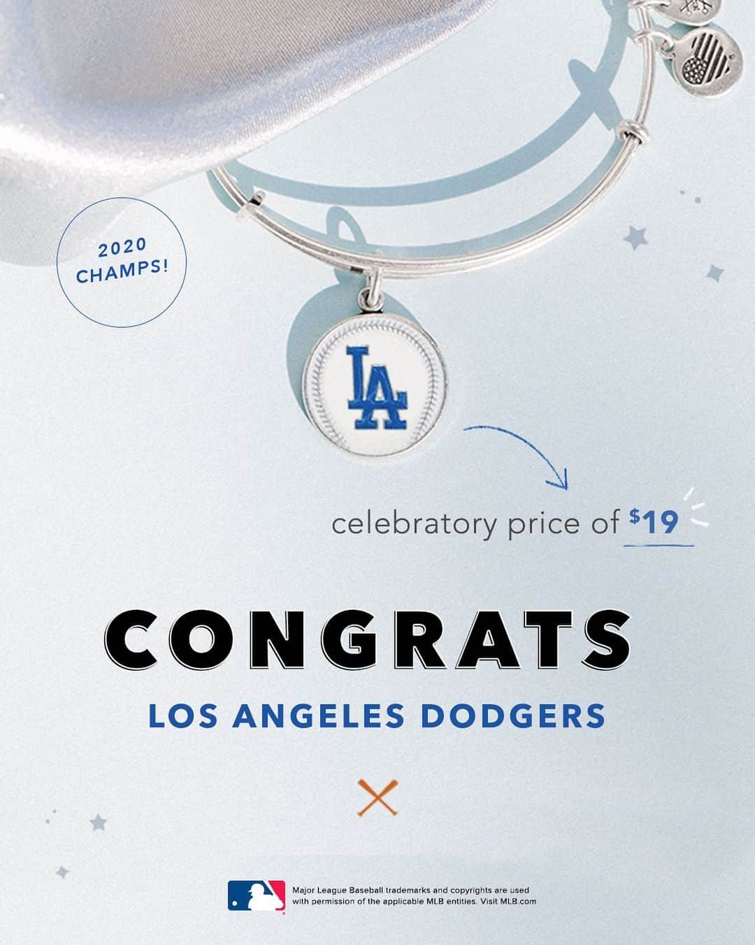 のインスタグラム：「Congratulations to the 2020 #WorldSeries Champions, @Dodgers! ⚾🏆 shop the #LADodgers charm bangle for $19* at link in bio」