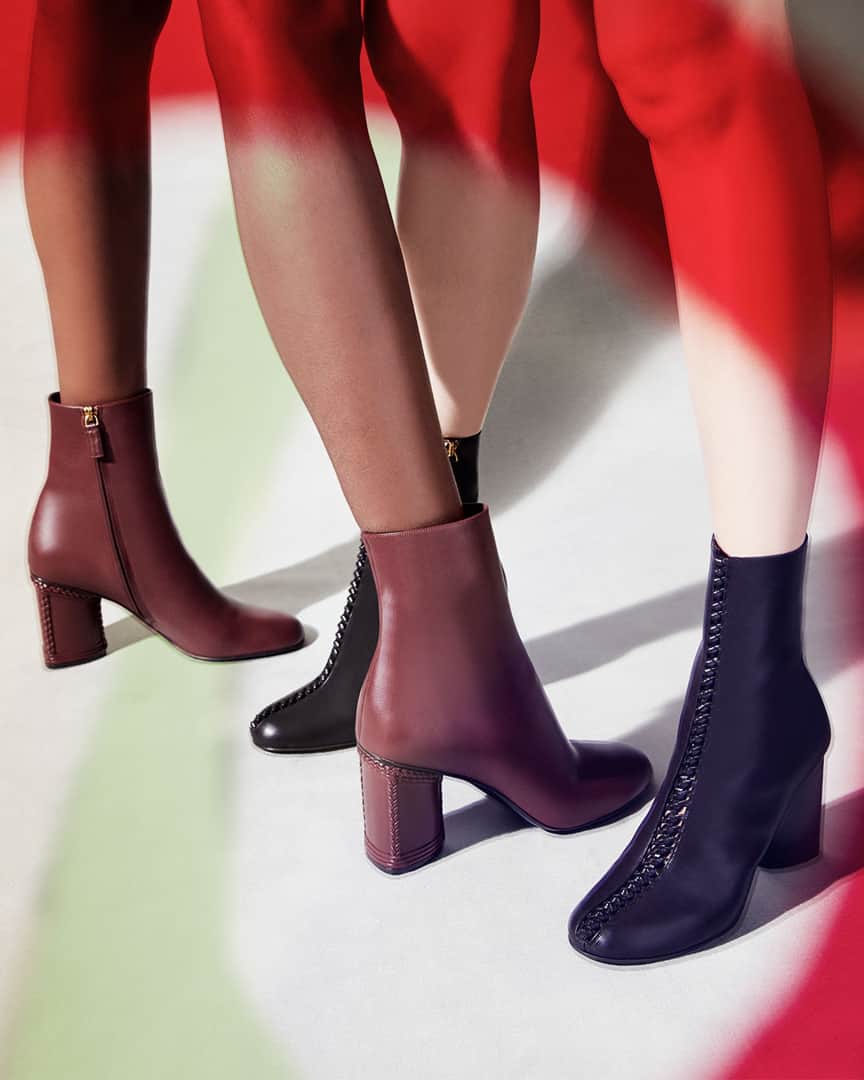 サルヴァトーレ・フェラガモのインスタグラム：「Shot through coloured impositions in the foreground, unique craftsmanship details emerge upon a closer look, with intricately braided nappa accents adorning the heel edges of sleek ankle-length boots from the #FerragamoAW20 collection. ⠀ ⠀ ⠀」