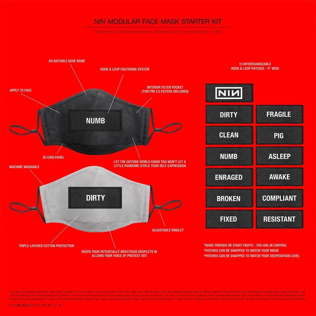 ナイン・インチ・ネイルズのインスタグラム：「Nine Inch Nails Modular Face Mask Featuring interchangeable messages for uncertain times. Limited edition. Available now at NIN.com」