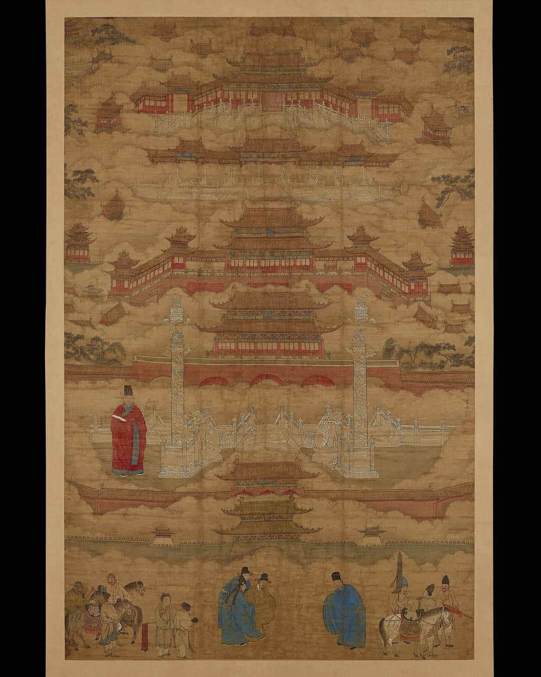 のインスタグラム：「Zoom into the details of the Forbidden City in this hanging scroll made in 16th-century China.  Today marks the 600th anniversary of Beijing being designated as the principal capital of the Ming empire. The palace complex of the Forbidden City in the centre of Beijing was completed in the same year – 1420.  The Palace Museum is now housed here – have you ever visited?  🔎 Claimed to be Zhu Bang (active 1522–1566), hanging scroll with portrait of an official in front of the Forbidden City. Painted in ink and colours on silk, 16th century.」
