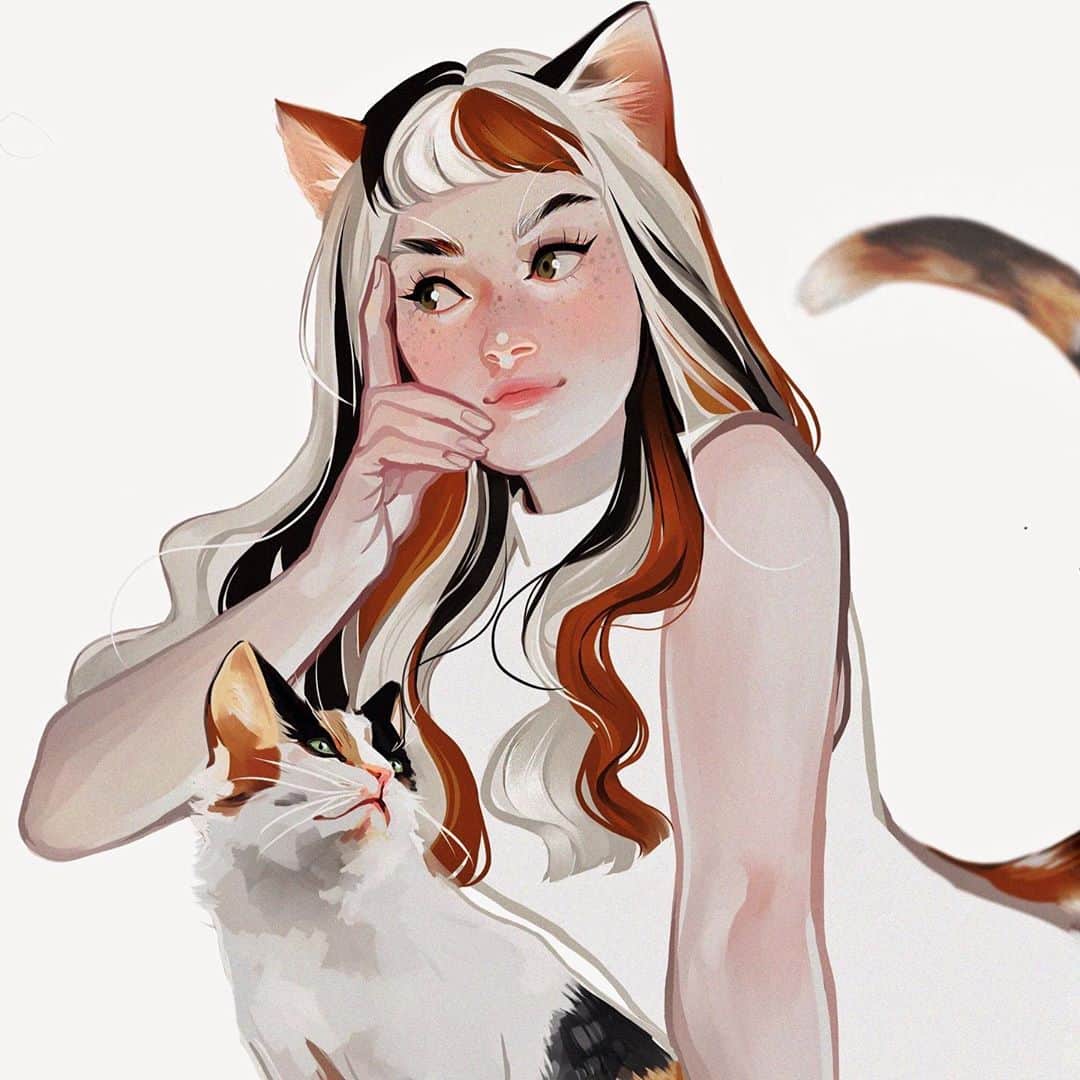 Laura Brouwersのインスタグラム：「Calico cat girl calico cat girl calico cat girl  (Ironically, I’m most happy with how I drew the elbow lmao)」