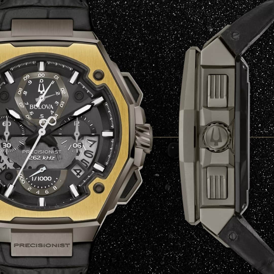 のインスタグラム：「Marking the 10th anniversary of the iconic Precisionist collection, Bulova has issued a limited version of the new Precisionist X with only 100 pieces produced. Featuring a bold, revolutionary design that incorporates stainless steel and an 18-karat gold top ring insert, the Precisionist X is the world’s most advanced chronograph with a continuously sweeping second hand. #Bulova — ⏱: 98B354 MSRP: $3,950.00 USD CASE: ø 44.5 mm」