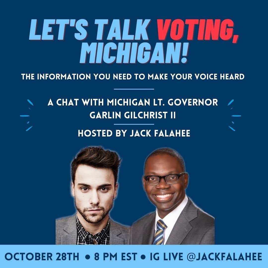 ジャック・ファライーのインスタグラム：「Let’s talk voting. I’m going live tonight 5pm PST/8pm EST to chat with @ltgovgilchrist. Tune in!」