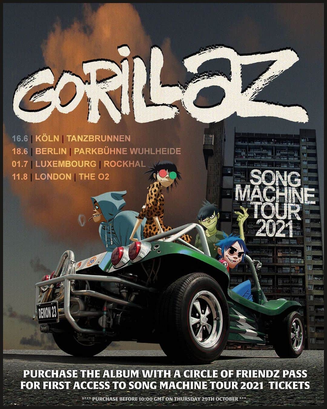 Gorillazさんのインスタグラム写真 - (GorillazInstagram)「🚨 LAST CHANCE! 🚨  You've got 'til 𝙈𝙄𝘿𝙉𝙄𝙂𝙃𝙏 𝙏𝙊𝙉𝙄𝙂𝙃𝙏 (𝙂𝙈𝙏) to purchase Song Machine album with a #circleoffriendz pass for first access to Song Machine Tour 2021 tickets! 🎟👉 gorillaz.com」10月29日 2時14分 - gorillaz