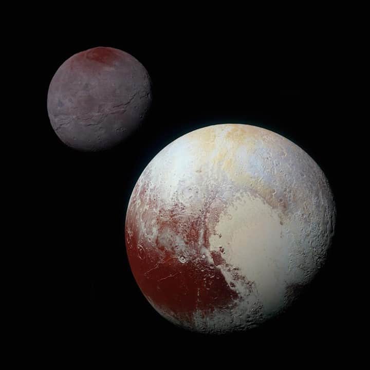NASAさんのインスタグラム写真 - (NASAInstagram)「It's time for a spotlight on Pluto!  @NASAWebb will be studying the dwarf planet and its moon Charon, among other objects in the Kuiper Belt. You can think of the Kuiper Belt as a graveyard of small and icy bodies leftover from the solar system's early days of planet formation. While Kuiper Belt Objects are very cold and faint, they glow in infrared light. As an infrared telescope, #NASAWebb will be able to study these objects through a technique called spectroscopy. (Read more at the link in our bio!)  This composite of enhanced color images of Pluto (lower right) and Charon (upper left), was taken by NASA’s New Horizons spacecraft as it passed through the Pluto system on July 14, 2015. Pluto and Charon are shown with approximately correct relative sizes, but their true separation is not to scale.  Image Credit: NASA/JHUAPL/SwRI #nasa #space #pluto #jwst #jameswebbspacetelescope」10月29日 5時10分 - nasagoddard