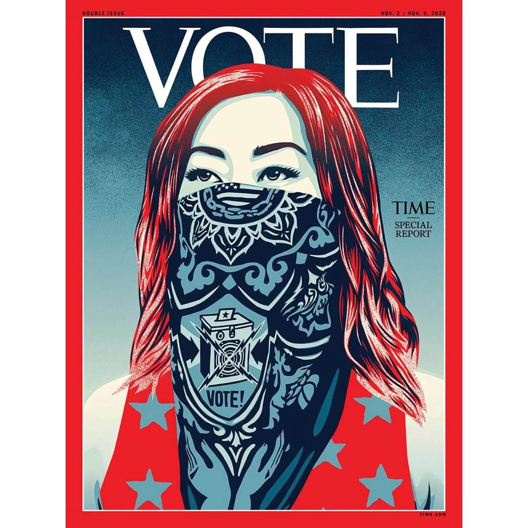 Shepard Faireyさんのインスタグラム写真 - (Shepard FaireyInstagram)「TIME approached me to design the cover of their latest issue to reflect voting during Covid-19 in this 2020 election. When I was thinking of ideas for imagery that captured all of that, I remembered this photo that was shot for the @artistsbandtogether campaign. The actual bandana, titled “Our Hands - Our Future, 2020” was created to reflect causes that I care about. The designs within the bandana symbolize the importance of democratic values by encouraging folks to vote and use their voice. The mandala design has various images to show how intertwined everything is - voting, democracy, the environment, and our future.  This Sunday, November 1st will be the last day to support the #ArtistsBandTogether campaign! Don’t miss out on the bandana that I designed for the project and the 14 others by this group of world-renowned artists: @jennyholzerstudio, @vcassinova, @julianahuxtable, @alexisrael, @me.rritt, @chrisunkim, #BarbaraKruger, @marilynminter, @cequarles, @frohawktwofeathers, @xavierschipani, #RirikritTiravanija, #LuchitaHurtado, and @hankwillisthomas! 100% of proceeds will go to voter-registration organizations @risefreeorg, @mijente & @wokevote. There's also an exclusive, 1 of 1 ABT Handmade Quilt that's up for auction until tomorrow, Thursday, October 29th! Swipe through to check out all the designs and be sure to follow and visit @artistsbandtogether for more info. With only SIX DAYS LEFT until #ElectionDay, please consider supporting now through @ebay for Charity - link in bio!  @time cover art based on the original photo by Victoria Yarnish @vikkila / subject: Marin Takeshita @velvettebunny #Election2020 #VOTE #obeygiant #obey #shepardfairey」10月29日 5時23分 - obeygiant