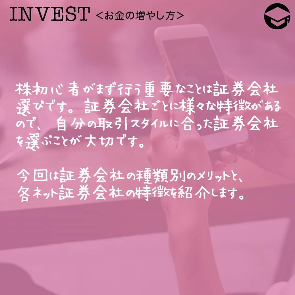 ファイナンシャルアカデミー(公式) さんのインスタグラム写真 - (ファイナンシャルアカデミー(公式) Instagram)「﻿ 株初心者がまず行う重要なことは証券会社選びです。証券会社ごとに様々な特徴があるので、自分の取引スタイルに合った証券会社を選ぶことが大切です😊﻿ ﻿ 今回は証券会社の種類別のメリットと、各ネット証券会社の特徴を紹介します💡﻿ ﻿ ーーーーーーーーーーーーーーーーーーーーーーー﻿ ﻿ 総合証券会社、ネット証券それぞれのメリット﻿ ﻿ ーーーーーーーーーーーーーーーーーーーーーーー﻿ ﻿ 総合証券会社は、ネットの発達以前からある証券会社のスタイルで、店舗を持ち、顧客ごとに担当者がつき窓口や電話で取引を行います🙍‍♀️﻿ ﻿ ネット証券会社は、全ての取引をインターネット上で行います。パソコンやスマホ1台で株式投資を行うことが可能です💻﻿ ﻿ ーーーーーーーーーーーーーーーーーーーーーーー﻿ ﻿ 総合証券はサポート体制が充実﻿ ﻿ ーーーーーーーーーーーーーーーーーーーーーーー﻿ ﻿ 総合証券会社はサポート体制が充実していることがメリットです✨何せ証券会社の担当者がつきますので、何かあれば連絡すれば丁寧に対応してくれます😊﻿ ﻿ 株の購入や売却時期の相談もできますし、有望な銘柄などの情報も聞くことができますので、投資に役立つ知識を手に入れることが可能です🙆‍♀️﻿ ﻿ また、ネット環境が無い状況や情報機器の操作に不安がある場合も総合証券であれば電話で株取引ができますので問題ありません👍﻿ ﻿ ーーーーーーーーーーーーーーーーーーーーーーー﻿ ﻿ ネット証券は手数料が安い﻿ ﻿ ーーーーーーーーーーーーーーーーーーーーーーー﻿ ﻿ ネット証券会社のメリットは何といっても手数料が安いことです。株取引では売買する毎に売買手数料というコストが発生します💰﻿ ﻿ 売買手数料は株取引を行うごとにかかる費用ですので長期間で見るとばかになりません。取引毎のコストが安いネット証券はこの点で有利です☺️﻿ ﻿ ーーーーーーーーーーーーーーーーーーーーーーー﻿ ﻿ 主なネット証券と特徴﻿ ﻿ ーーーーーーーーーーーーーーーーーーーーーーー﻿ ﻿ ⭕️SBI証券﻿ SBI証券はネット証券最大手企業であり、多くの投資家に選ばれています。株式はもちろん投資信託やETF、最近ではiDeCoの取扱商品も豊富です😊﻿ ﻿ 外国株式の取扱数も多く、グループ企業である住信SBIネット銀行との連携により、為替手数料を安く抑えることができます💫﻿ 外国株取引を行うなら必須の企業です。またIPOの取扱いが多いのも特徴でIPO投資にも欠かせない証券会社でもあります👍﻿ ﻿ IPO投資は勝率の高い投資として知られていますが、人気のあるIPO（儲かる確率の高いIPO）の購入の抽選はそう簡単に当たるものではありません。﻿ ﻿ SBI証券にはIPOチャレンジポイントという制度があり、この制度を使えばIPOの購入抽選が外れてもポイントが付与されそのポイントを使用することでいつかはIPO購入抽選に当選することが可能です🙆‍♀️﻿ ﻿ ⭕️楽天証券﻿ 楽天証券も豊富な投資商品を揃えているネット証券です。﻿ また、楽天証券の取引ツール「マーケットスピード」はその使いやすさから多くの投資家に人気のあるトレードツールとなっています⭐️﻿ ﻿ 楽天証券は楽天グループですので、楽天銀行との連携による預金金利優遇や楽天ポイントを利用した投資の他、楽天カードを利用することで楽天ポイントが貯まるなどグループ企業の強みを生かした幅広いサービスが強みです💳﻿ ﻿ 楽天カードを利用している方であれば、楽天証券との親和性は大変高く、普段の買い物で貯まったポイントを投資に使用し、投資をすることで更にポイントが貯まるという循環をつくることができます🛍﻿ ﻿ ⭕️マネックス証券﻿ マネックス証券もSBI証券、楽天証券に負けない豊富な投資商品を揃えています✨﻿ マネックス証券は注文方法が充実しており、指値注文と逆指値注文が同時に発注できる「ツイン指値注文」や、最初に発注した注文が約定したら、次の注文を自動的に発注できる「連続注文」など特殊な注文を出すことが可能です😊﻿ ﻿ また、外国株式が24時間発注可能で、更に注文が最大90日間有効という点もマネックス証券の強みとなっています。﻿ 90日間という長期間有効な注文が可能ですので、手間がかからず、注文有効期間が過ぎており売買ができなかったということを防ぐことができます🙆‍♂️﻿ ﻿ ﻿ ＝＝＝＝＝＝＝＝＝＝＝＝＝＝＝＝﻿ さらに詳しくお金のことや﻿ 投資のノウハウ・知識を学びたいという方必見👀﻿ ﻿ 自宅にいながらお金や株・不動産投資の勉強ができる﻿ 「WEB体験セミナー」💻﻿ （@financial_academy）　﻿ ﻿ 詳しくはプロフィールリンクにあるサイトへ飛んでくださいね☝️﻿ ＝＝＝＝＝＝＝＝＝＝＝＝＝＝＝＝﻿ ﻿ #ファイナンシャルアカデミー #お金の教養  #手書きアカウント #情報収集 #投資初心者 #投資女子 #株活 #株式投資 #株初心者 #株式女子 #投資女子 #株式投資初心者 #投資生活 #投資したい #ライフマネー #マネカツ」10月29日 17時01分 - financial_academy