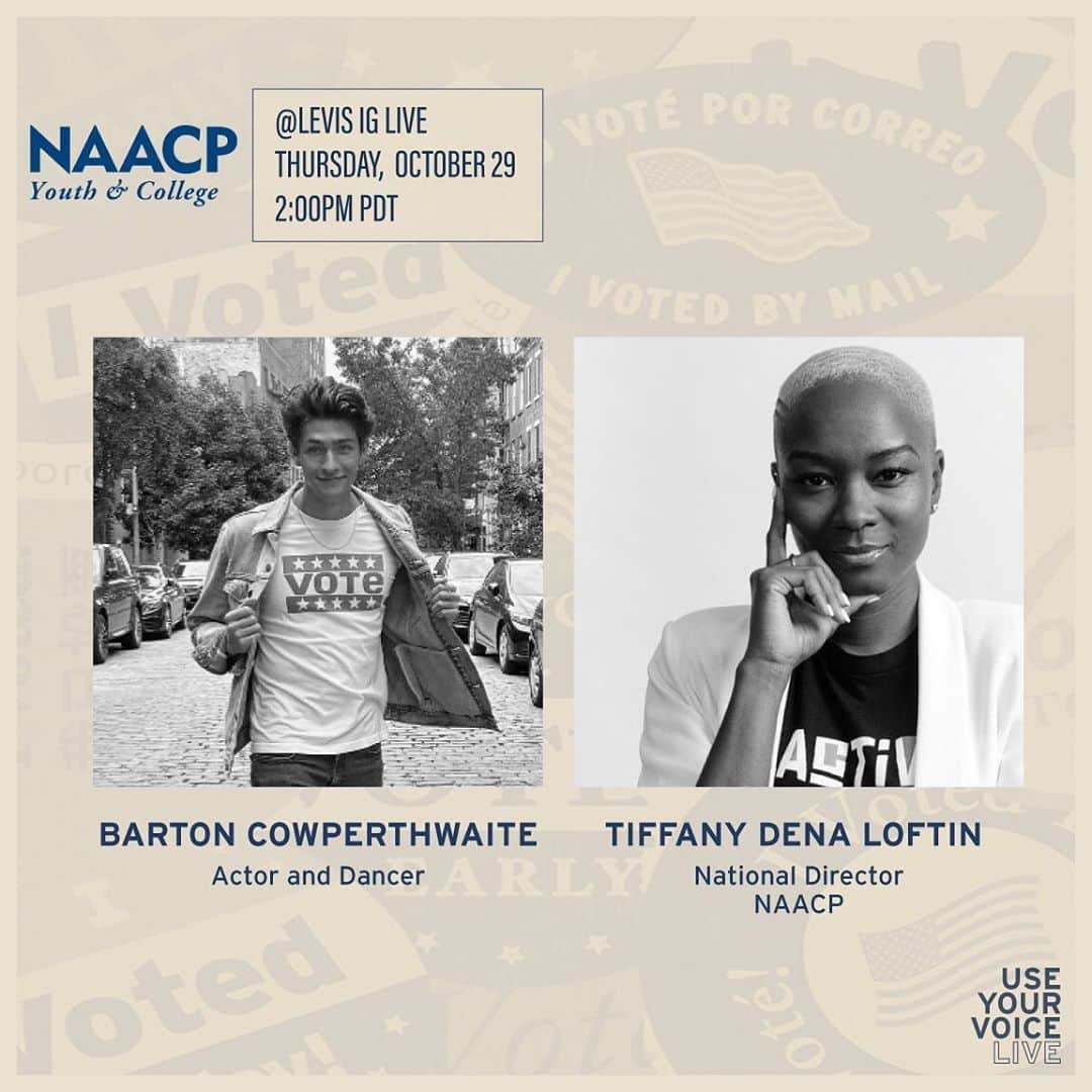 Levi’sさんのインスタグラム写真 - (Levi’sInstagram)「USE YOUR VOICE LIVE x VOTE, tomorrow, October 29th at 2pm PDT. Tune in for a chat between Barton Cowperthwaite, Actor + Dancer and Tiffany Dena Loftin, National Director, NAACP as they discuss election integrity, what steps we need to take after November 3d and how it’s not too late to stay involved. #VoteAboutIt」10月29日 11時54分 - levis