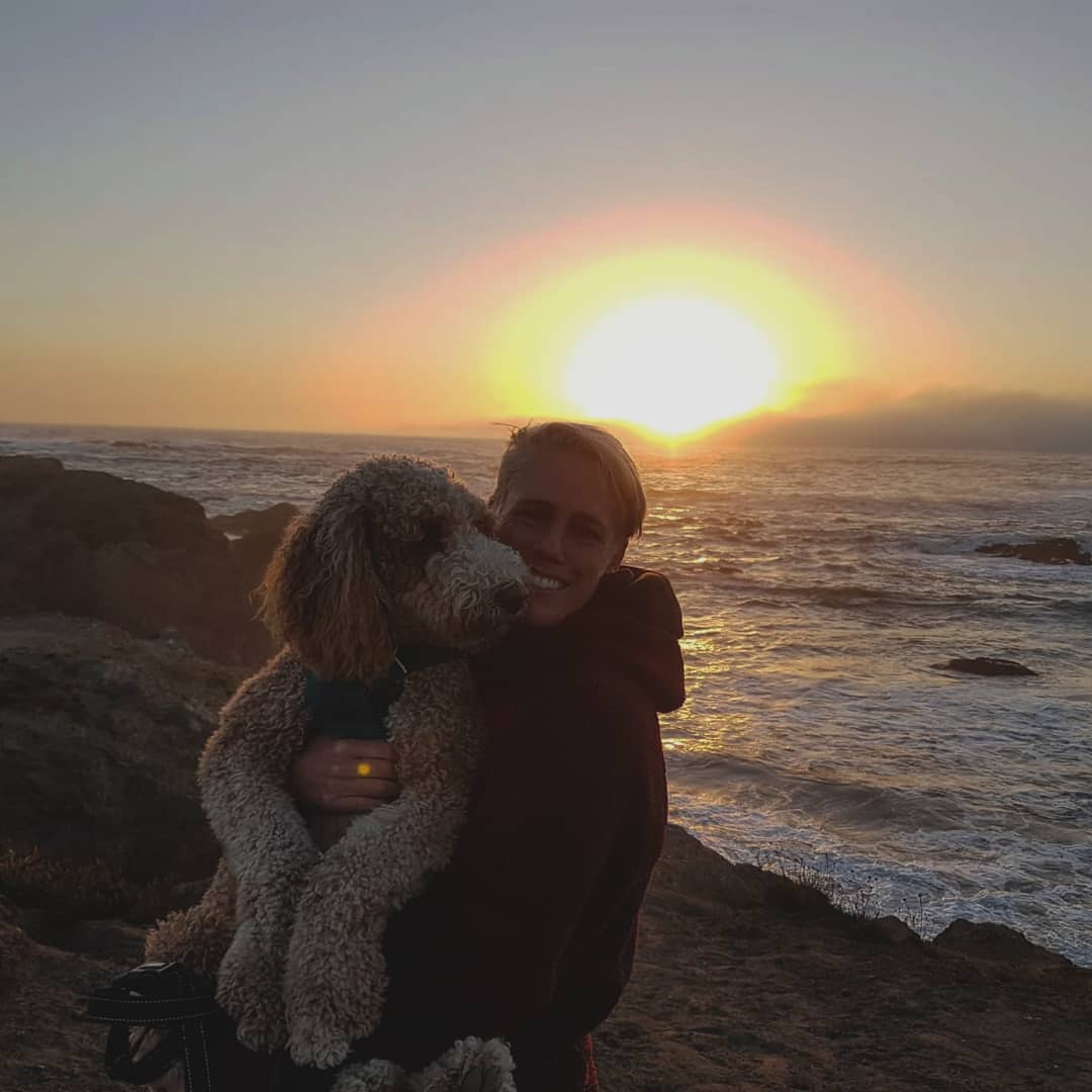 ソフィー・シュミットのインスタグラム：「From 🏜️ to 🌊 Road trip chronicles continued. (we made it home (to quarañteen) safely) . . . #Adventure #RoadTrip #Goldendoodle #DogsofInstagram #Dogs #ocean #Travel #Sunset」