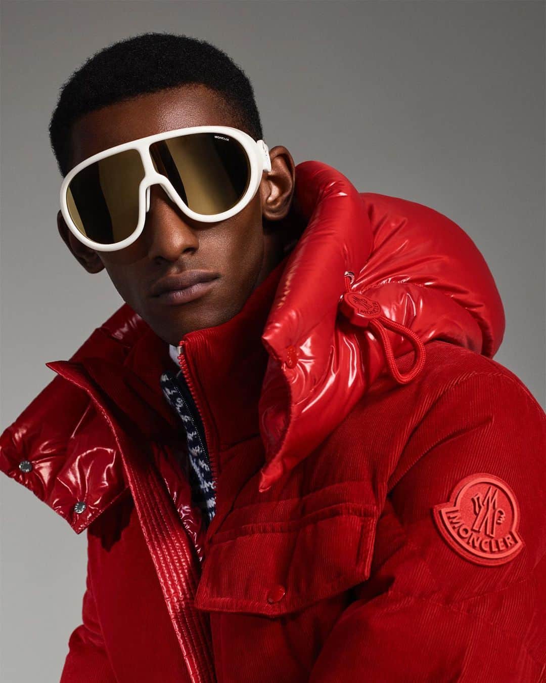 のインスタグラム：「Red hot.  The velvet and nylon laqué Vignemale puts a new twist on Moncler’s classic codes: Iconic Maya jacket fit, 100% modern attitude.  Moncler: Protecting from the elements since 1952.   #WeAllWearMoncler #MonclerLunettes」