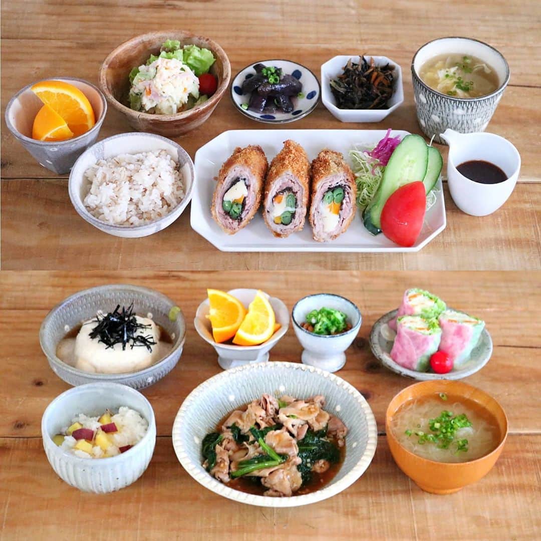 yunaのインスタグラム：「♩ #レシピあり #まとめて投稿 #ひとりごはん . . 🍚野菜と海苔の肉巻きフライ ポテトサラダ 茄子の中華炒め たまごスープ ひじきの煮物 みかん🍊 . . 🍚小松菜と豚肉のオイスターソース炒め(レシピ↓) さつまいもごはん やまかけ豆腐(レシピ↓) ピンクの生春巻き 大根のお味噌汁 オクラ納豆 みかん🍊 . . . 🍳【小松菜と豚肉のオイスターソース炒め】２人分  🥕材料 小松菜　２株(２００ｇ位) 豚の小間切れ　２５０ｇ 生姜のみじん切り　大さじ１ にんにくのみじん切り　大さじ１ 〇オイスターソース　大さじ１弱 〇醤油　大さじ1/2 〇砂糖　小さじ2/3 〇鶏ガラスープの素　小さじ１ 〇酒　大さじ２ 〇水　１００ｍｌ 水溶き片栗粉　適量 ごま油　大さじ１   🥕つくりかた ①小松菜は葉と茎に分け、5㎝の長さに切る。、〇は混ぜておく。  ②フライパンを熱し、生姜、にんにくを入れて炒める。香りが出てきたら豚肉を入れ、色が変わってきたら小松菜の茎、葉の順に入れて炒める。  ③〇を入れ、煮立ったら味を整え、水溶き片栗粉で少しとろみをつけたら出来上がり♪ . . . 🍳【やまかけ豆腐】1人分  🥕材料 絹ごし豆腐　1個(３個パックのやつ) めんつゆ(2倍濃縮)　大さじ１弱 やまいも　適量 きざみ海苔　適量 わさび　お好みで  🥕つくりかた やまいもはすりおろす。 器に豆腐を入れ、めんつゆをかける。 ラップをしてレンジ６００ｗで３~４分！ やまいもかけて海苔をのせたら出来上がり♪ . . . #yunaご飯#igersjq#今日のごはん#食卓#献立#yummy#ていねいな暮らし#お家ごはん#器#foodstagram#lin_stagrammer#delistagrammer#Japanesefood#デリスタグラマー#クッキングラム#クッキングラムアンバサダー#タベリー#フーディーテーブル#てづくりごはん365#おうちごはん#おうちごはんlover#マカロニメイト#夜ごはん#晩ごはん#小石原焼#翁明窯元#レシピ」