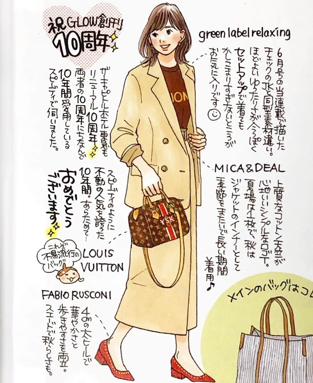 進藤やす子のインスタグラム：「✳︎ GLOWは今月号（昨日発売の12月号）で創刊10周年🎉 おめでとうございます👏✨ . 連載 #進藤やす子の欲ばり週末旅 は10周年にちなんで、同じく先週リニューアル10周年を迎えた #ザキャピトルホテル東急 をご紹介！ . 9月の宿泊時に既に2つほど投稿済みですが、追って館内の写真を投稿します🤗 . （着画も9月に投稿済のこのジャケット、先日江之浦測候所に行った時に着ていたチェックのものと同型なんです😁） . #雑誌グロー @glow_tkj #創刊10周年 #イラスト #イラストレーター #コーデイラスト #ファッションイラスト #進藤やす子の欲ばり週末旅キャピトル東急編」