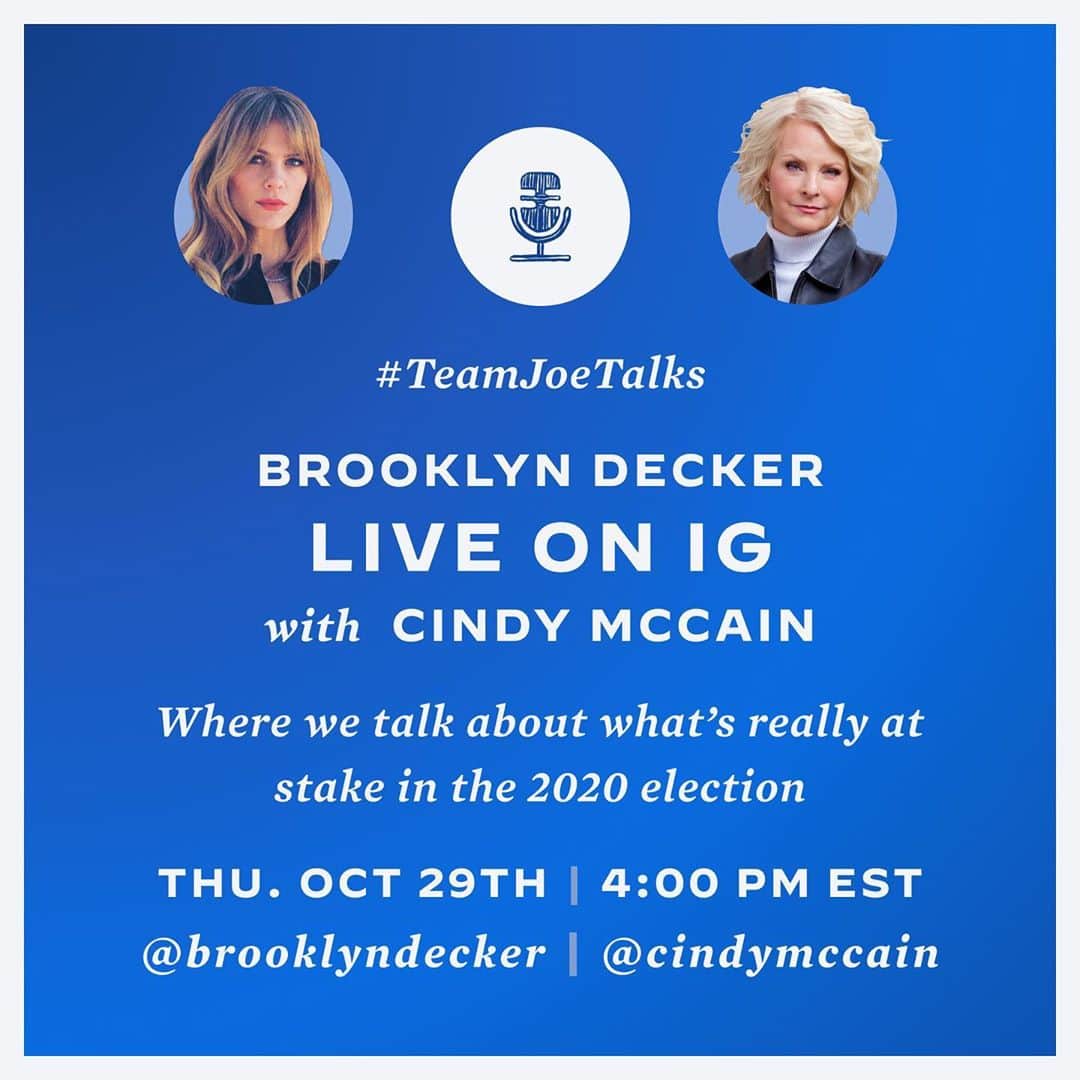 のインスタグラム：「Join @cindymccain and I this afternoon at 4pET to discuss the election and why we are voting for @joebiden & @kamalaharris . We’re in the final stretch and I’m so looking forward to our conversation today! Bring your questions. #teamjoetalks」