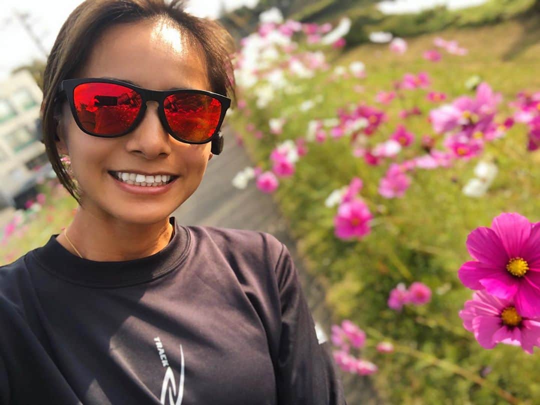 佐野千晃のインスタグラム：「最高コスモス〜！﻿ ﻿ 野原と見せかけて河原〜！﻿ ﻿ ちゃんと秋だね〜🍠﻿ ﻿ あ〜ランがとっても﻿ ﻿ 気持ちいい〜🙌﻿ ﻿ #run #running #marathon #フルマラソン #マラソン #マラソン女子 #人生自由自在 #走る女子 #ファッション #ウェア #楽しく走る #ランニング #ジョギング #変な文章 #隠された秘密 #なんでしょう﻿ ﻿」