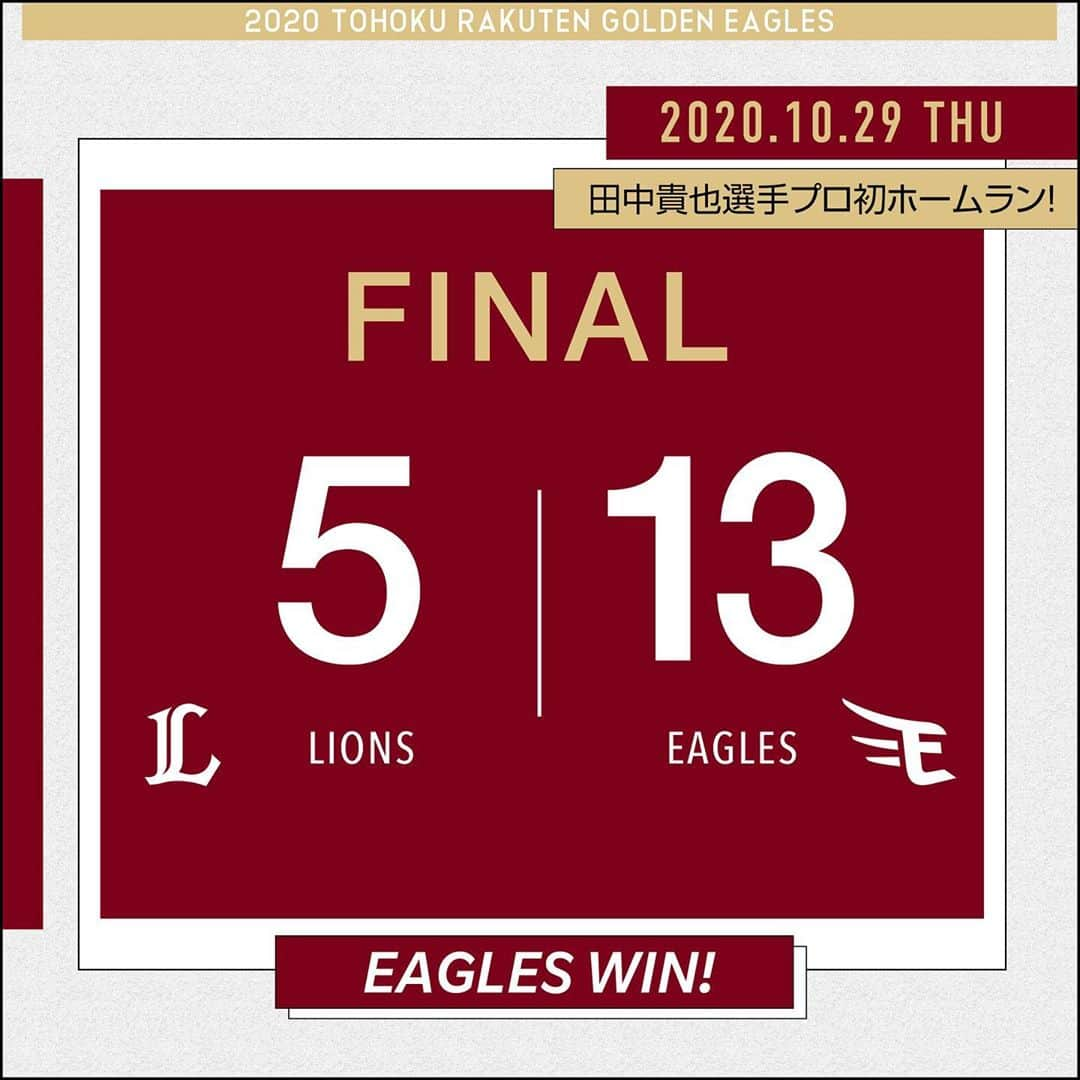 東北楽天ゴールデンイーグルスさんのインスタグラム写真 - (東北楽天ゴールデンイーグルスInstagram)「⚾️ ⚾️L 5-13 E⚾️ 3連敗だけは絶対に許されない状況で大きな1勝✊🏼 ヒーローは3点リードの7回にプロ初ホームランとなる 2ランを放つなど3安打3打点の田中貴也選手‼️‼️‼️ 小郷選手は先制の4号ソロなど3安打2打点の活躍👍🏼 島内選手も4安打2打点と存在感を発揮‼️‼️ さらに渡邊佳明選手が3打点🤟🏼銀次選手が2打点✌🏼 投げては辛島選手が5回5安打2失点で今季初勝利✨✨ 牧田選手、ジョンソン選手、福山選手が1回無失点💯 #rakuteneagles #NOWorNEVERいまこそ #日本一の東北へ」10月29日 22時26分 - rakuten_eagles