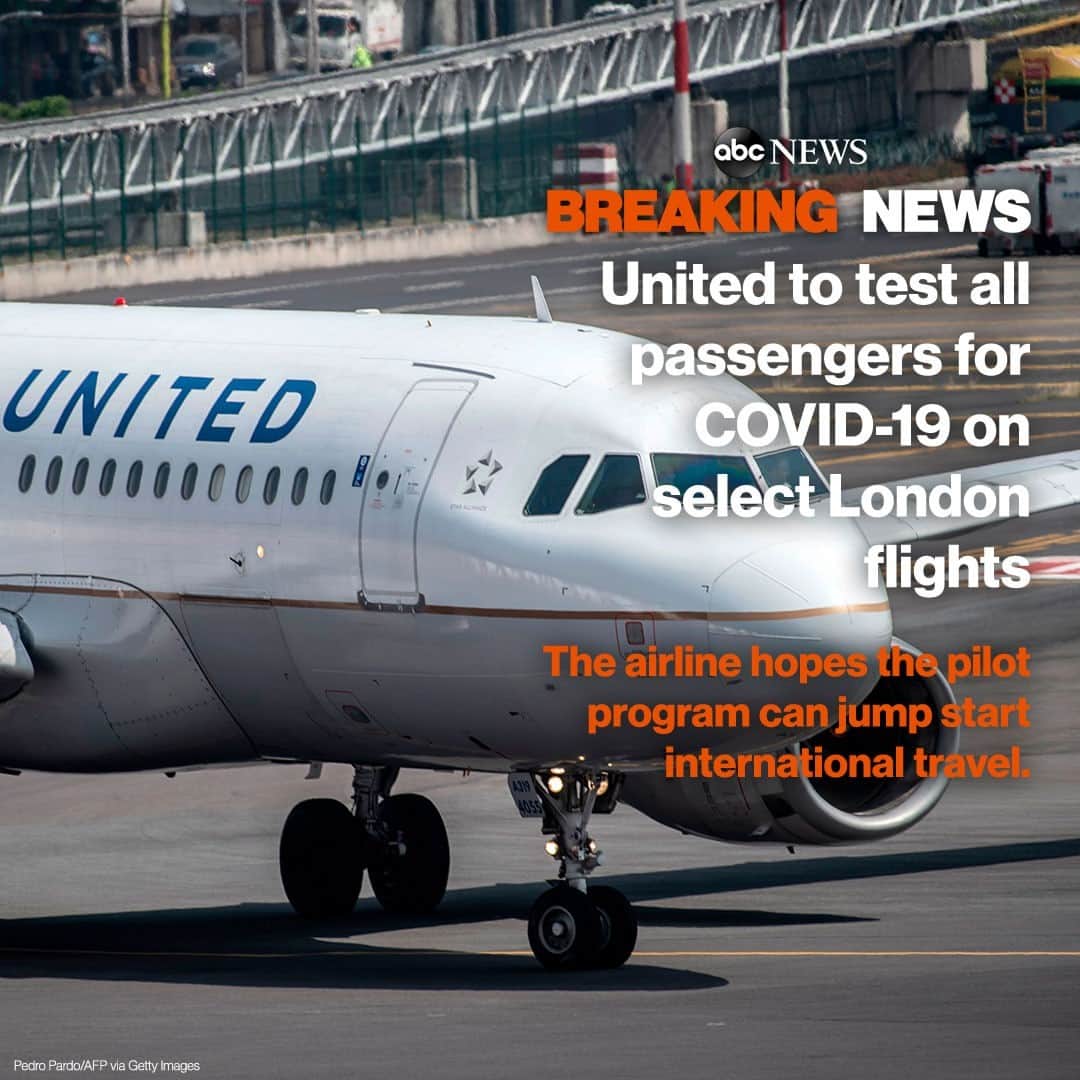 ABC Newsさんのインスタグラム写真 - (ABC NewsInstagram)「United Airlines will start COVID testing all passengers on select flights from Newark to London beginning Nov. 16 though Dec. 7 as part of a pilot program to try and jump start international travel.  Read more at LINK IN BIO. #unitedairlines #covid #travel #flying #london #covidtesting」10月29日 23時23分 - abcnews