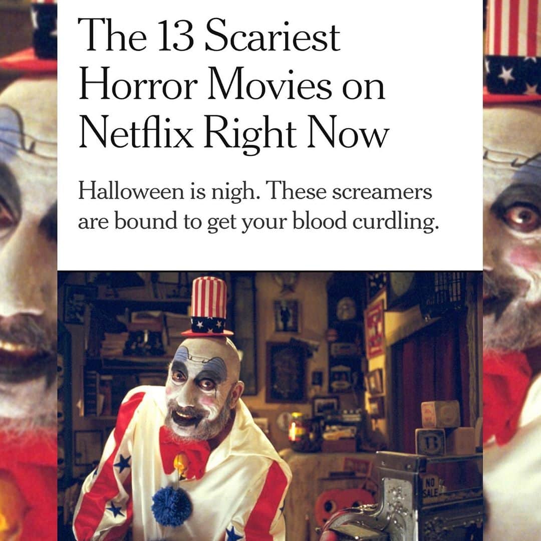 ロブ・ゾンビのインスタグラム：「I was just sent this article from the @nytimes . Crazy. All these years later this movie is still getting press.  Go figure. 🎃👍🏼#houseof1000corpses #robzombie #sherimoonzombie #sidhaig #billmoseley #karenblack #newyorktimes #netflix」