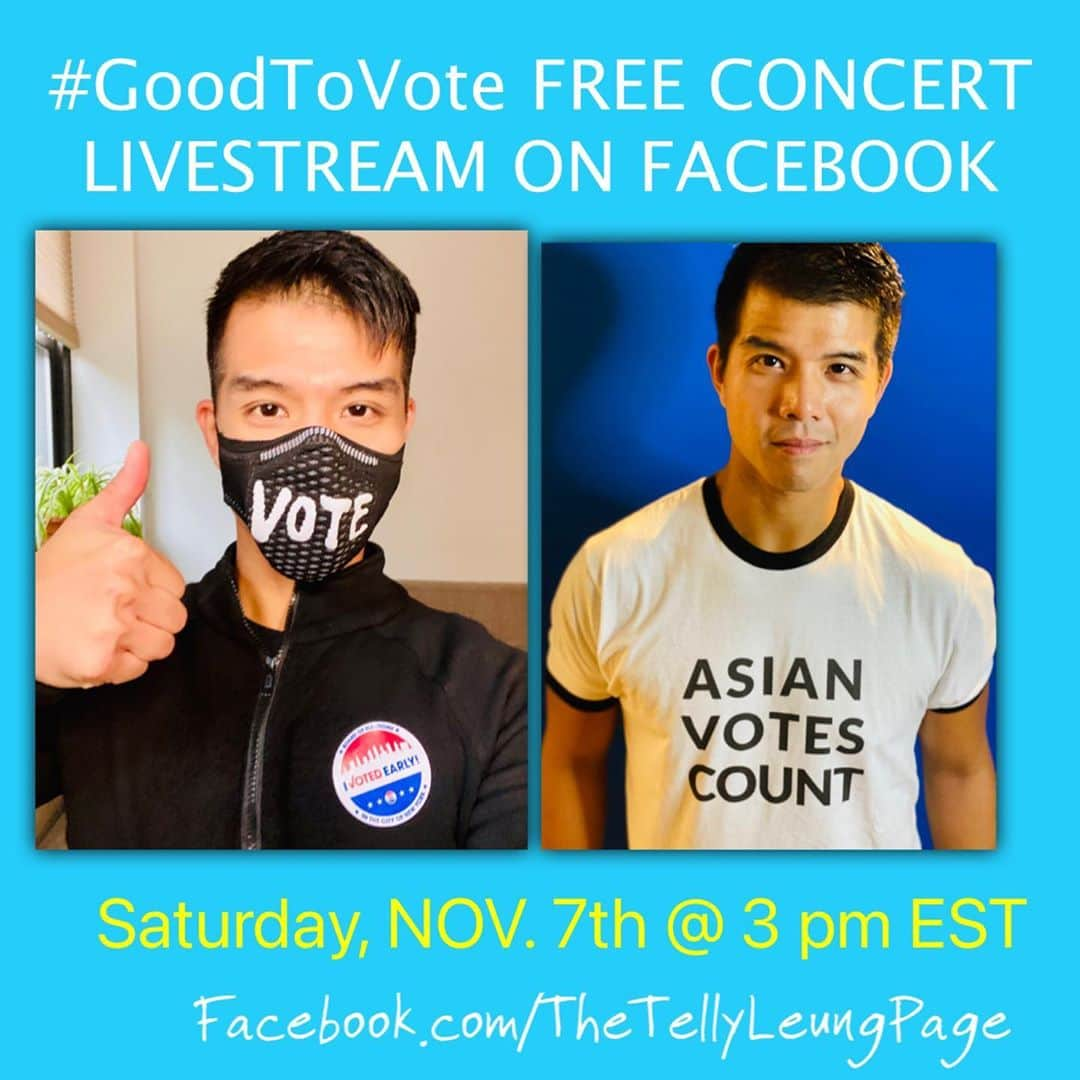 テリー・レオンさんのインスタグラム写真 - (テリー・レオンInstagram)「Yay! My friends at @goldhouseco & @headcountorg got 250+ voter actions in our #goodtovote campaign - so I’m making good on my pledge to do a free concert on my @facebook page on 11/7 at 3 pm EST. No matter what happens on 11/3, we are gonna need to come together - so let’s do it with music.」10月30日 0時23分 - tellyleung