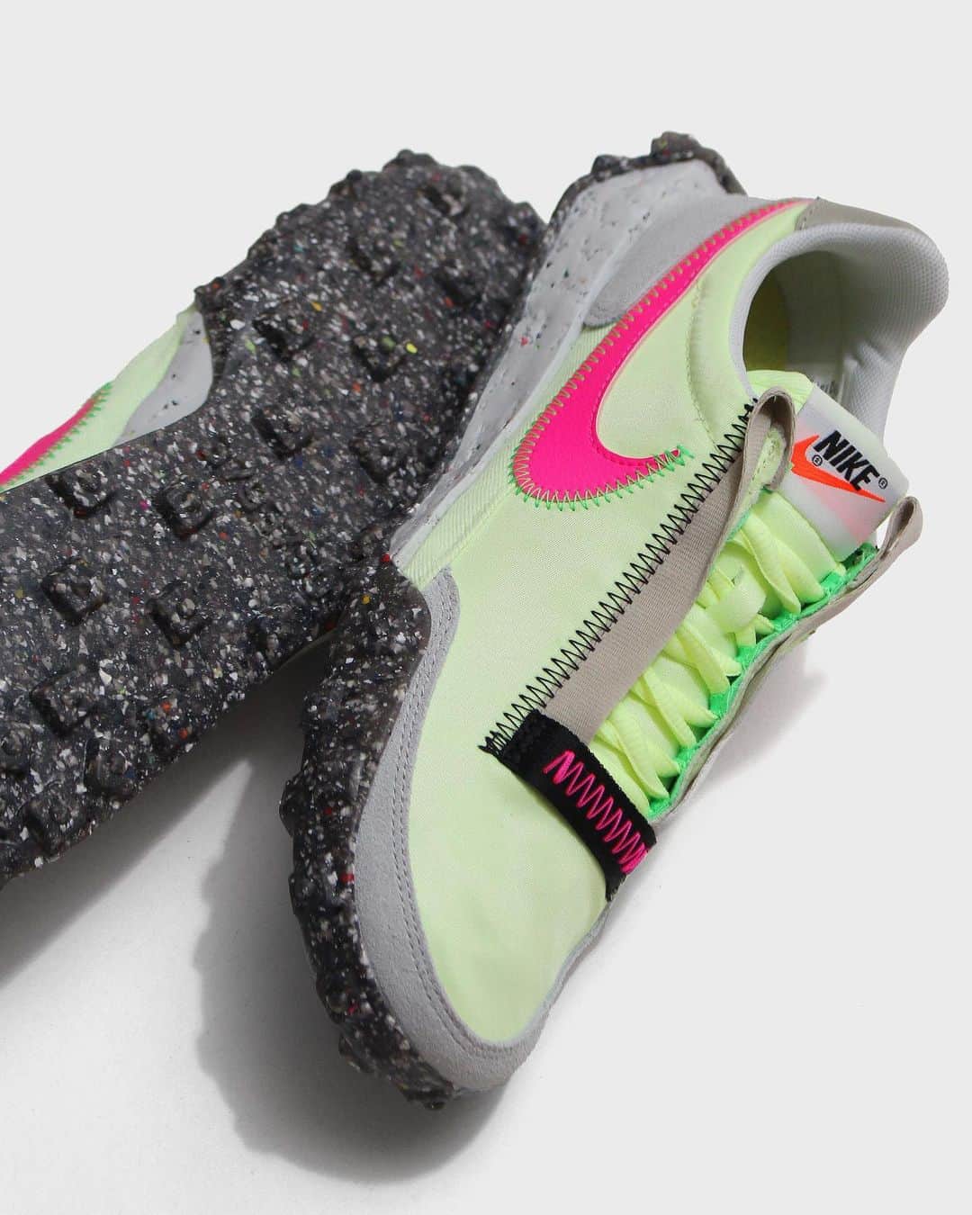 A+Sのインスタグラム：「2020. 11. 2 (mon) in store  ■NIKE WAFFLE RACER CRATER COLOR : BARELY VOLT/PINK BLAST-BLACK SIZE : 23.0cm - 29.0cm PRICE : ¥11,000 (+TAX)  1977年のオリジナルモデルに斬新なひねりを加えたナイキ ワッフル レーサー。抜群に快適なCraterフォームミッドソールと、Nike Grindラバーのディテール組み合わせ、トラックをイメージした頑丈なスタイルの一足です。 アッパーを包み込むワッフルソールのディテールは、装飾的なステッチがあふれるデザイン。モダンなDIYスタイルを演出します。 リサイクル素材を20％以上使用。廃棄物ゼロを目指すNikeの取り組みに参加できる一足です。  A Nike waffle racer with a novel twist on the 1977 original model. An exceptionally comfortable Crater foam midsole combined with Nike Grind rubber detail, this pair is rugged and truck-inspired. The details of the waffle sole that wraps around the upper are designed with decorative stitching. Produce a modern DIY style. Uses 20% or more of recycled materials. It's a pair that you can participate in Nike's efforts to achieve zero waste.  #a_and_s #NIKE #NIKEWAFFLERACER #NIKEWAFFLERACERCRATER #SUSTAINABLE」