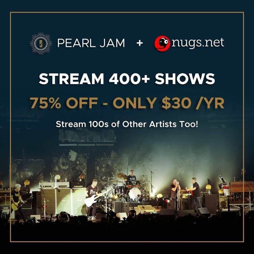 パール・ジャムさんのインスタグラム写真 - (パール・ジャムInstagram)「To help celebrate 30 years of Pearl Jam, @nugsnet is offering fans a 75% discount on their annual streaming subscription.   For just $30 you can listen to over 400 Pearl Jam concerts, all with unlimited and on-demand access. Offer expires Sunday, 11/8. Learn more at nugs.net/PearlJam.」10月30日 4時11分 - pearljam
