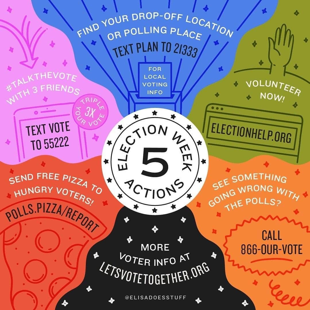 レナ・ヘディのインスタグラム：「Everything you need to know for Election Week – save it and share with friends. Let's show up: VOTE, volunteer, send pizzas, report voter suppression. We're all in this together. ✌🏻#ElectionActions For more info visit: LetsVoteTogether.org/Action400」