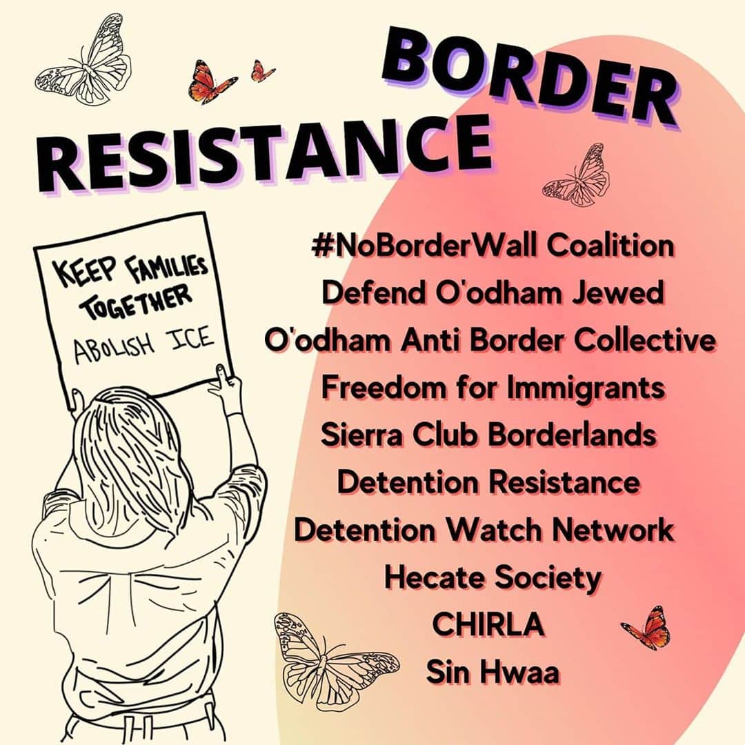 のインスタグラム：「Here is a list of orgs doing resistance work against the border wall and its violent enforcement! Resistance comes in many forms, and the accounts we have tagged here are doing it all. Some are working against the construction of a physical wall in places where there is none, some are working against the violence of the border patrol by providing necessary means for migrants to cross the borderlands, others are fighting for the abolishment of ice and immigrant detention.   Please check them out, give them your support, and comment below any more orgs who we should be aware of!  •#NoBorderWall Coalition @noborderwall_ltx •Defend O'odham Jewed @defendoodhamjewed •O'odham Anti Border Collective @oodhamantiborder •Hecate Society @hecatesociety •Freedom for Immigrants @Migrantfreedom  •Sin Hwaa @kumeyaaydefenseagainstthewall •Sierra Club Borderlands @sc_borderlands •Detention Resistance @detentionresistance •Detention Watch Network @detentionwatch •CHIRLA @chirla_org  #ambosproject #carenotcages #abolishice」