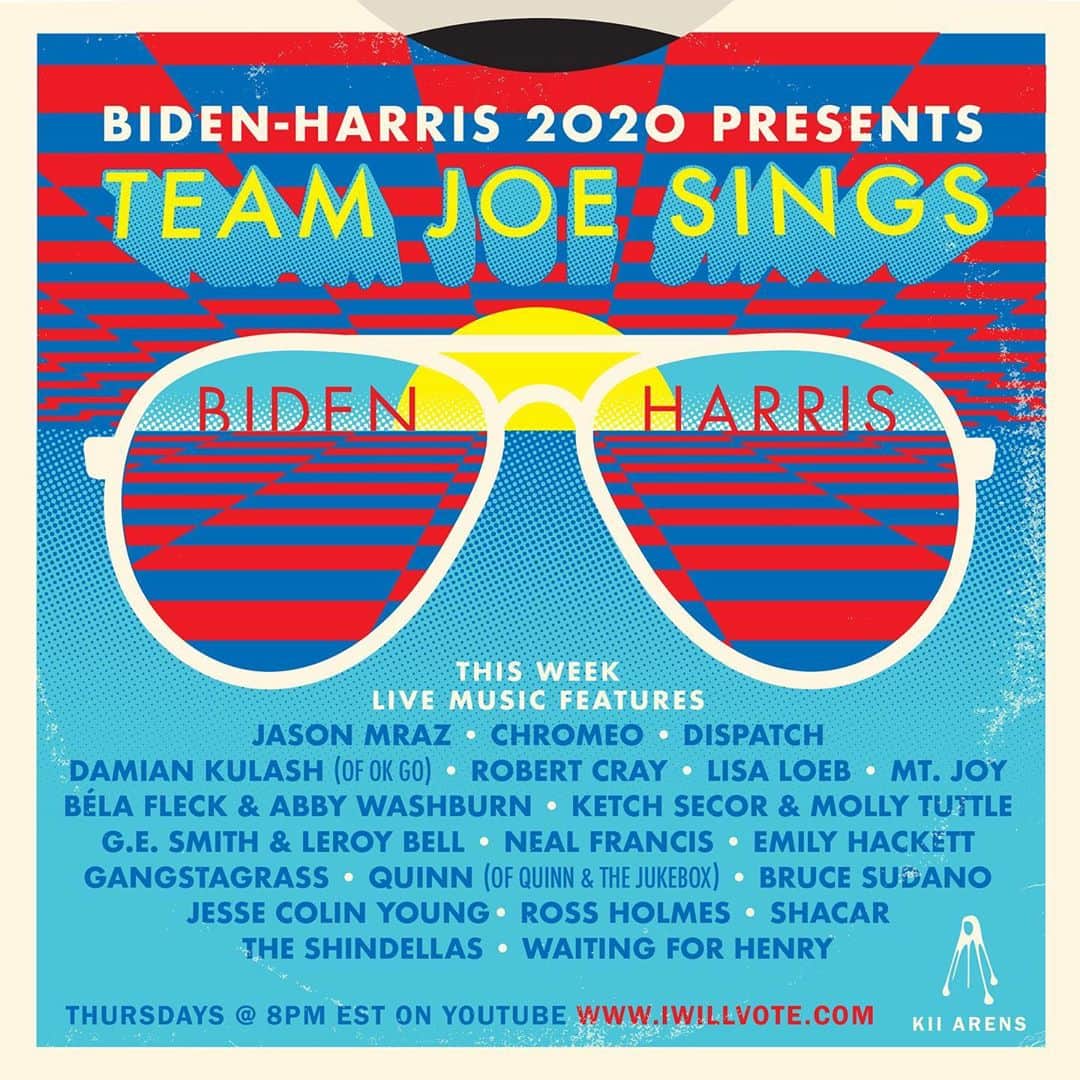 ジェイソン・ムラーズのインスタグラム：「Tonight at 8pm ET on YouTube • What do all these amazing artists have in common?  We’re all voting for Joe Biden & Kamala Harris.  Please join us and cast your vote for a better world.  #TeamJoeSings #BidenHarris2020 #vote #voteearly #votelouder」