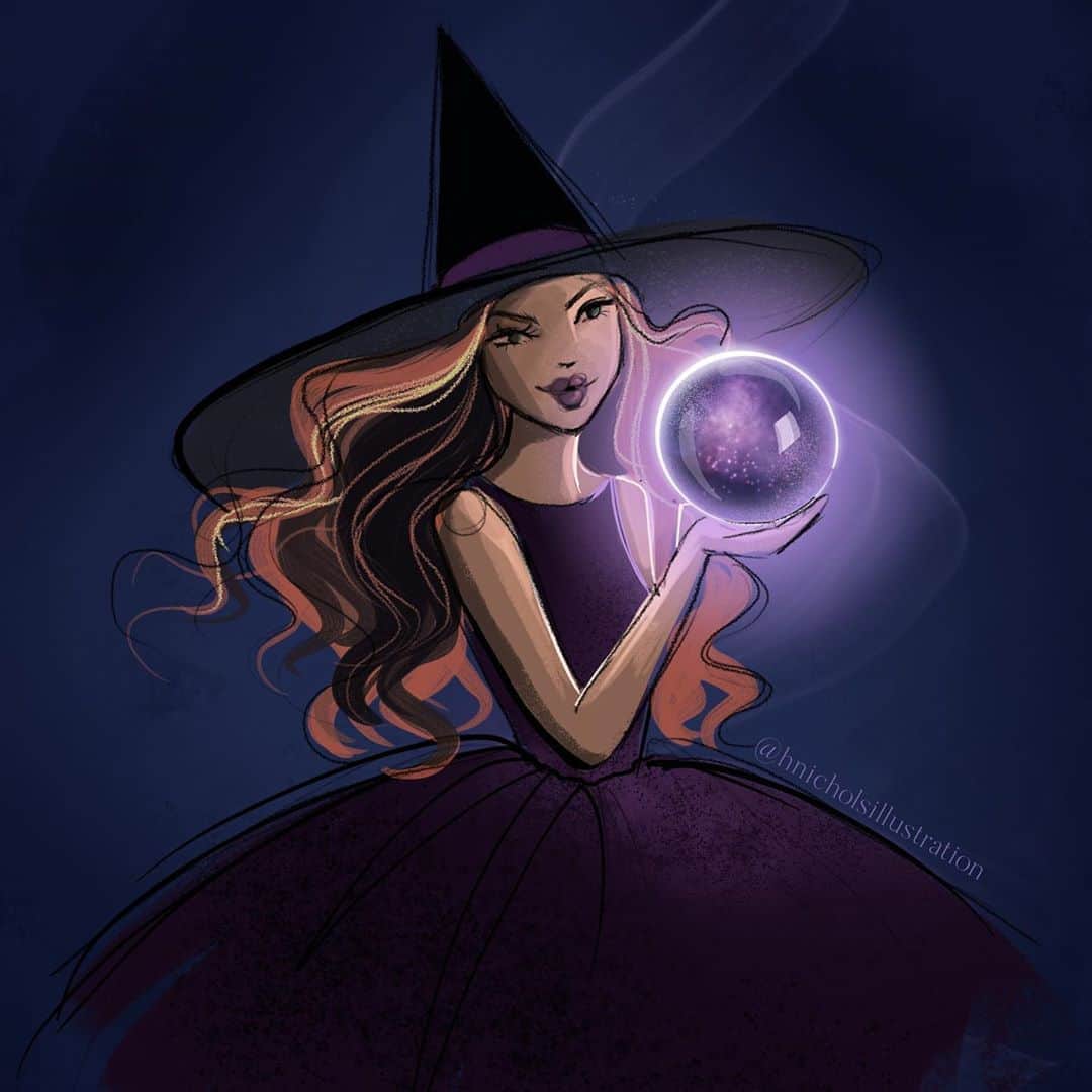 Holly Nicholsさんのインスタグラム写真 - (Holly NicholsInstagram)「Witching hour 🔮 (available as a print and digital download at hnillustration.Etsy.com) #procreate #witch #witchillustration #digitalillustration #characterdesign #crystalball」10月30日 20時41分 - hnicholsillustration