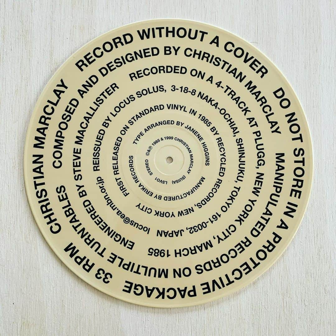 のインスタグラム：「RECORD WITHOUT COVER /Christian Marclay  スリーブに入れないで裸で保管してくださいって書いてあって、キズとか破損も曲の一部として取り込むというやつ。  It was released in 1985 by Recycled Records. The album was sold as an LP record with no cover or protective packaging, such that the damage from shipping, storing, and playing the record becomes a part of the work.  @agesfiveandup  君からのプレゼント。ありがとうー。」