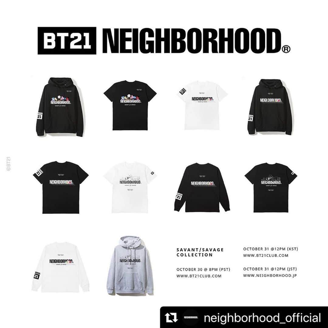 BT21 Stars of tomorrow, UNIVERSTAR!さんのインスタグラム写真 - (BT21 Stars of tomorrow, UNIVERSTAR!Instagram)「#Repost @neighborhood_official   NEIGHBORHOOD®︎ X BT21﻿ SAVANT / SAVAGE COLLECTION﻿ // OCT.31 //﻿ ______________________________________﻿ ﻿ ONLINE RELEASE﻿ ﻿ OCTOBER 30 @ 8PM (PST/USA)﻿ WWW.BT21CLUB.COM﻿  ﻿ OCTOBER 31 @ 12PM (KST/KOREA)﻿ WWW.BT21CLUB.COM﻿  ﻿ OCTOBER 31 @ 12PM (JST/JAPAN)﻿ WWW.NEIGHBORHOOD.JP﻿ ______________________________________﻿ ﻿ *This is a limited made to order item. Available only at NEIGHBORHOOD and BT21 online stores. ______________________________________﻿ ﻿ @bt21club﻿ @bt21_official﻿ #neighborhood﻿ #nbhd﻿ #bt21club﻿ #BT21」10月30日 14時51分 - bt21_official