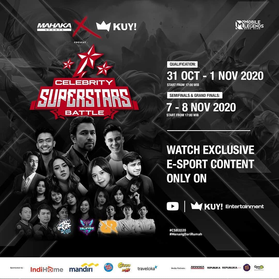 マリア・ゲノフェフア・ナタリア・デシー・プルナマサリ・グナワンのインスタグラム：「MAHAKA SPORTS X KUY! ENTERTAINMENT PRESENT: CELEBRITY SUPERSTARS BATTLE‼️ Saksikan epic battle yang akan mempertemukan para artis, Raffi Ahmad, Uus, Baim Wong, Vidi Aldiano, Anya Geraldine, Brisia Jodie, Fadil Jaidi, Valkyrie48, dan masih banyak lagi 🤩 dengan pro player Mobile Legend Indonesia dari Evos dan RRQ🔥 - SAVE THE DATE 🚨  QUALIFICATIONS  31 Oktober 2020 - 1 November 2020  SEMIFINALS & GRAND FINALS 7 - 8 November 2020 - WATCH EXCLUSIVE ONLY ON KUY ENTERTAINMENT YOUTUBE CHANNEL ✨」