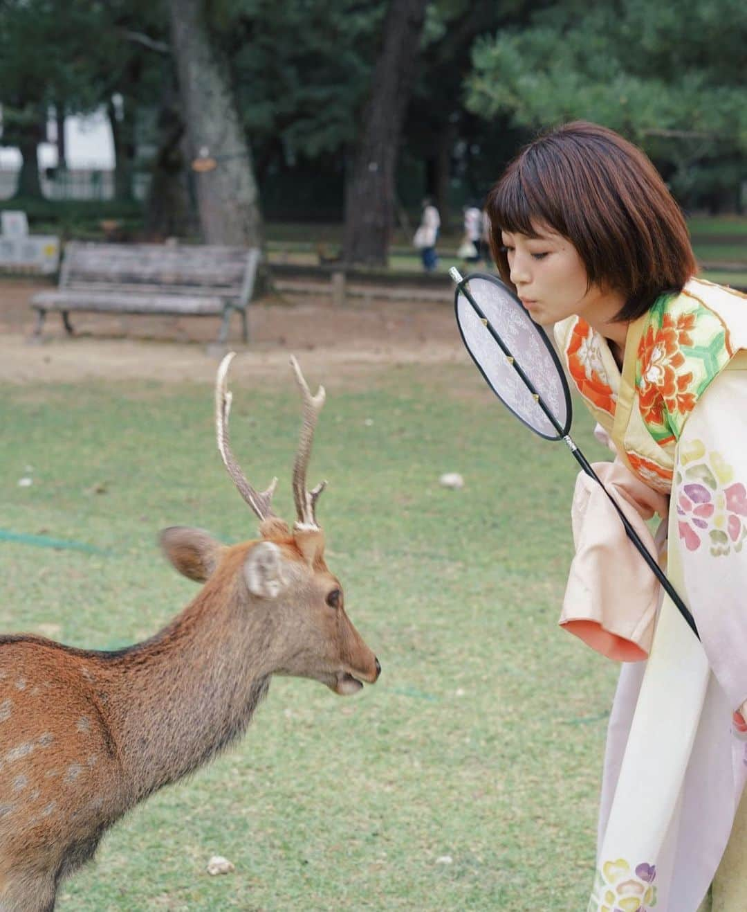 辻井美香のインスタグラム：「鹿と私。  📍#奈良公園   #天女  #コスプレ  #奈良県  #narajapan  #鹿 #classicstyle  #visitnara  #kawaiicosplay」