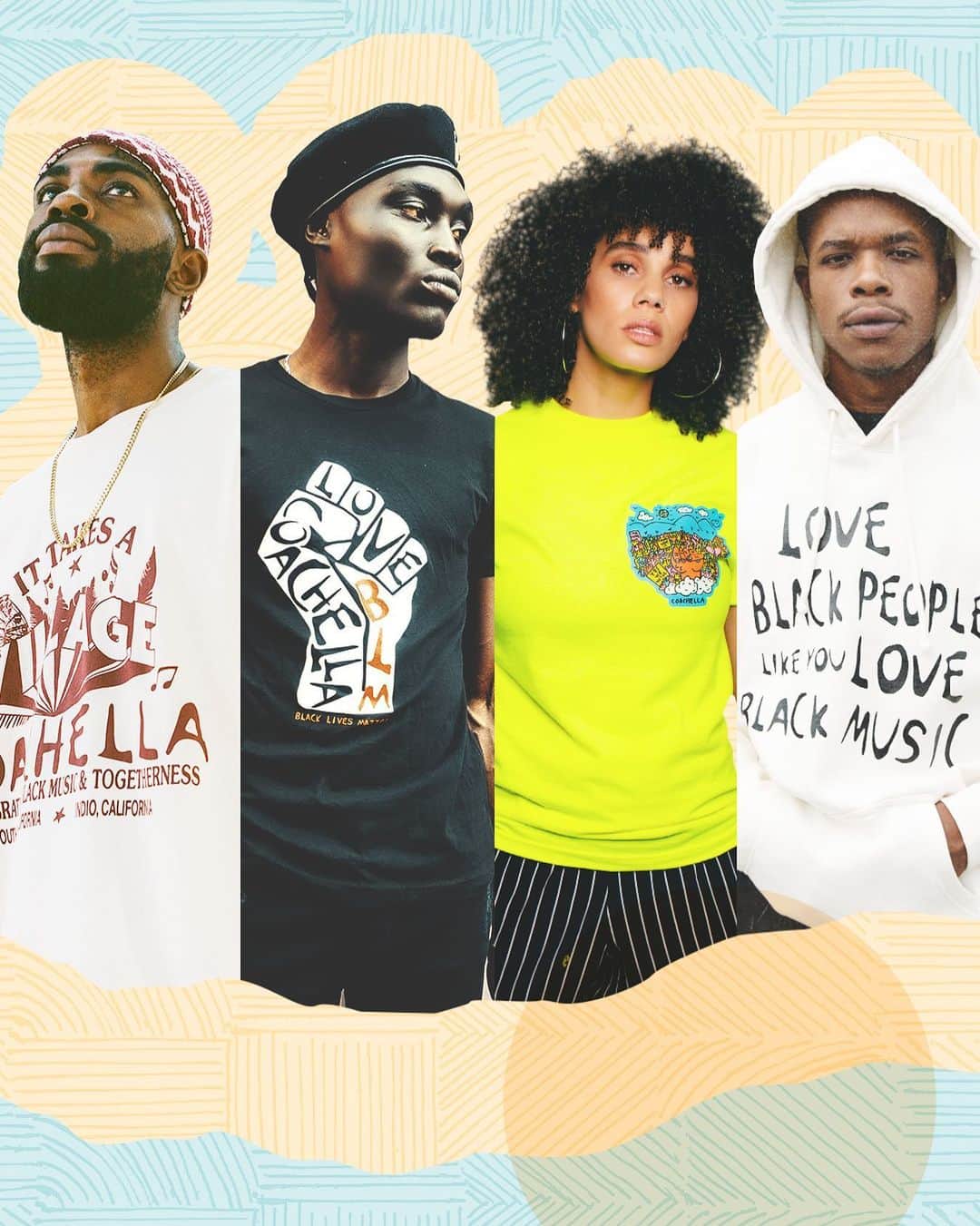 コーチェラのインスタグラム：「It takes a village. Shop Black Lives Matter inspired threads created by four Black designers based in California. All proceeds to the artists and a charity of their choosing.」