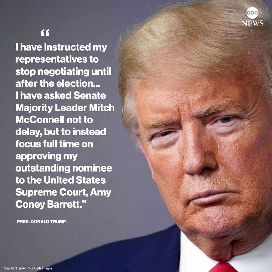ABC Newsさんのインスタグラム写真 - (ABC NewsInstagram)「BREAKING: Pres. Trump says he has instructed his representatives to halt talks on COVID economic relief until after the election, and calls on Senate Republicans to instead focus on confirming Supreme Court nominee Amy Coney Barrett. #supremecourt #covid19 #coronavirus #donaldtrump #economy」10月7日 4時16分 - abcnews