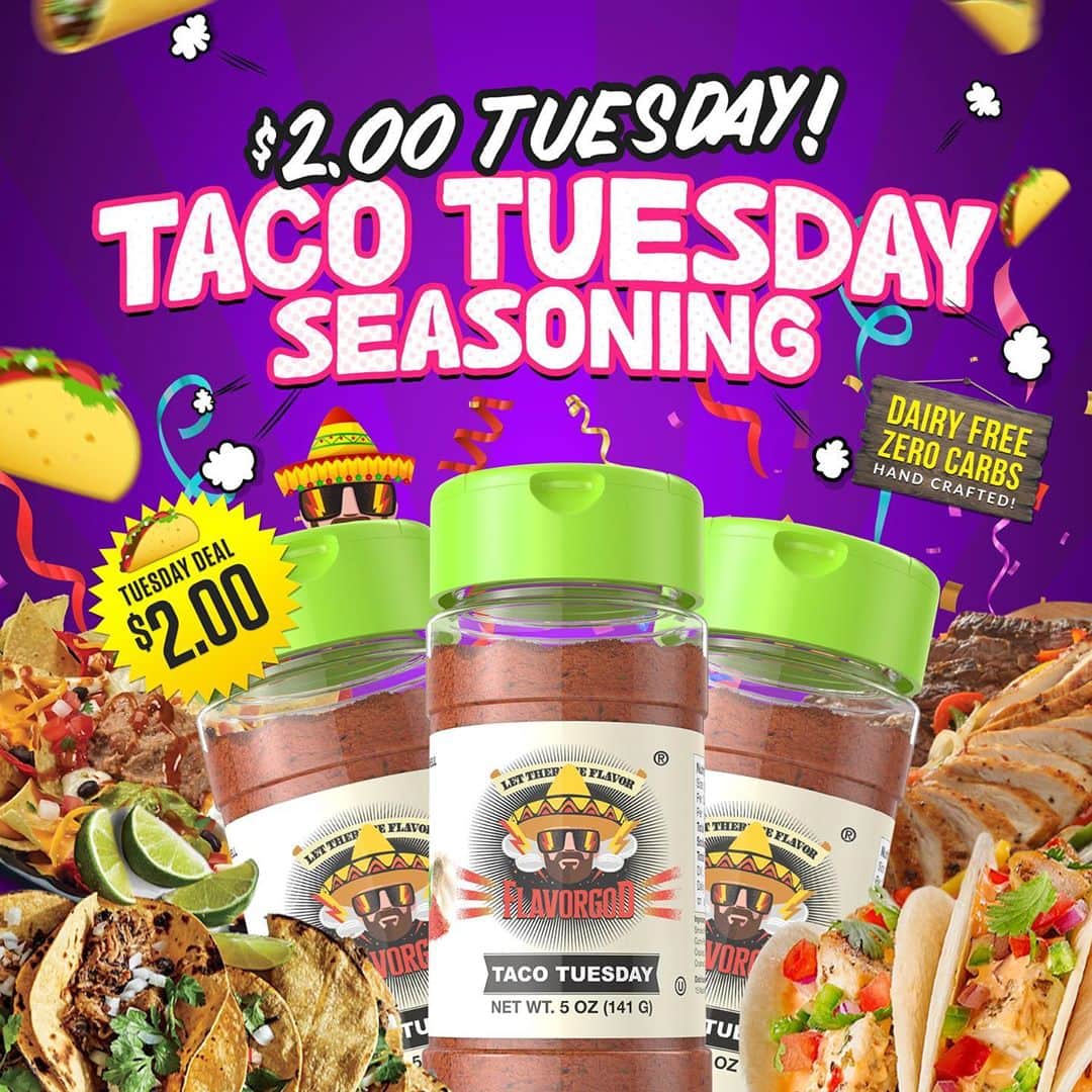 Flavorgod Seasoningsさんのインスタグラム写真 - (Flavorgod SeasoningsInstagram)「$2 Tuesday!!🌮 This weeks Flavor is Taco Tuesday Seasoning⁠⠀ -⁠⠀ My customers from around the world have been asking me to create a taco seasoning since the day I launched my website. I didn't want to create just another taco seasoning because my customers deserve better. I wanted to develop an experience in a bottle! This is by far one of the most user friendly seasonings I've ever created. I blended robust herbs with mild and aromatic spices with a finish of crushed red chili peppers. Heat the level is mild but the flavor is bold! Feel free to use it in any dish you like because now everyday can be Taco Tuesday! Get yours today while supplies last and thank you so much everyone for your continued enthusiasm and support for my seasonings!⁠⠀ -⁠⠀ Click link in the bio -> @flavorgod  www.flavorgod.com⁠⠀ -⁠⠀ Flavor God Seasonings are:⁠⠀ 🌮ZERO CALORIES PER SERVING⁠⠀ 🌮0 SUGAR PER SERVING ⁠⠀ 🌮GLUTEN FREE⁠⠀ 🌮KETO FRIENDLY⁠⠀ 🌮PALEO FRIENDLY⁠⠀ -⁠⠀ #food #foodie #flavorgod #seasonings #glutenfree #mealprep #seasonings #breakfast #lunch #dinner #yummy #delicious #foodporn」10月6日 21時01分 - flavorgod