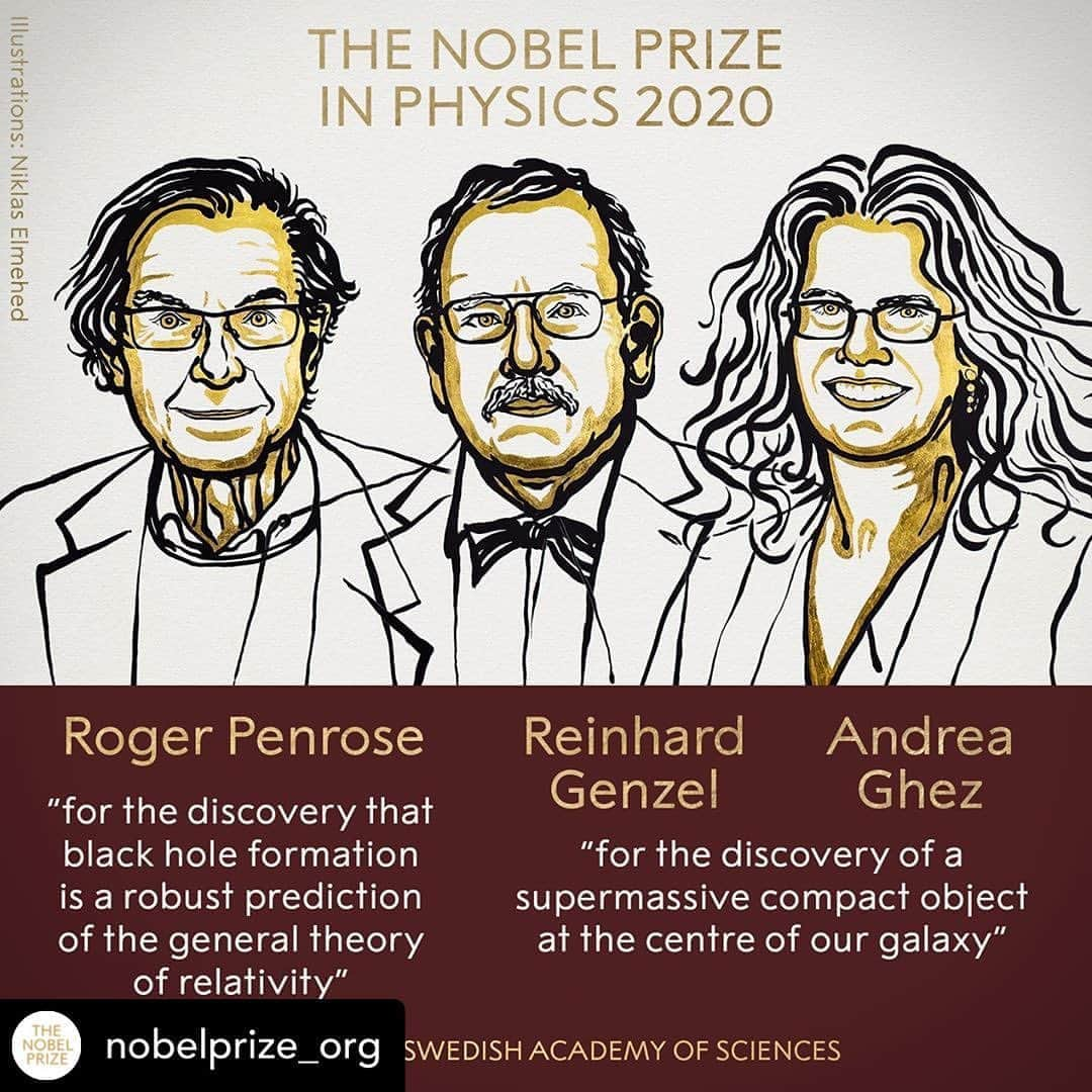 アルベルト・アインシュタインさんのインスタグラム写真 - (アルベルト・アインシュタインInstagram)「Congrats! Posted @withregram • @nobelprize_org BREAKING NEWS The Royal Swedish Academy of Sciences has decided to award the 2020 Nobel Prize in Physics with one half to Roger Penrose “for the discovery that black hole formation is a robust prediction of the general theory of relativity” and the other half jointly to Reinhard Genzel and Andrea Ghez “for the discovery of a supermassive compact object at the centre of our galaxy.”  These three laureates share this year’s Nobel Prize in Physics for their discoveries about one of the most exotic phenomena in the universe, the black hole. Roger Penrose showed that the general theory of relativity leads to the formation of black holes. Reinhard Genzel and Andrea Ghez discovered that an invisible and extremely heavy object governs the orbits of stars at the centre of our galaxy. A supermassive black hole is the only currently known explanation.  See link in bio for more information.  #NobelPrize #NobelLaureate #science #physics #news #astronomy #blackhole」10月6日 21時55分 - alberteinstein