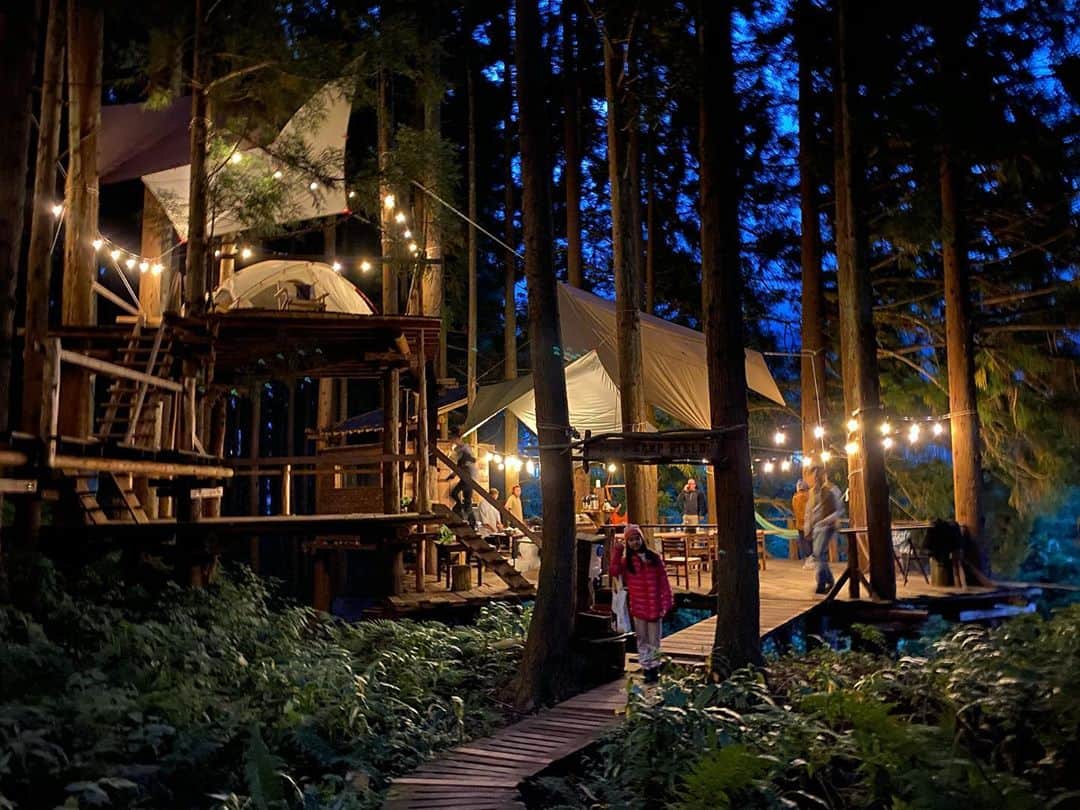 軍地彩弓のインスタグラム：「LIFE FARMING CAMP in 野沢温泉　 そこはまるで御伽話の世界でした。 野沢温泉にできたツリーハウス。1泊2日コースで伺いました。 野沢温泉の七良兵衛珈琲 で待ち合わせ。そこから、ぶなの森散策、温泉♨️、ツリーハウスに戻ってシェルター作り、野菜収穫、火起こし体験、野沢温泉の名店「狸」監修のアウトドアディナー体験、焚き火を囲んでわいわいおしゃべり。 なんて豊かなんだろう。 今までの旅なら、泊まって、食事して、温泉入って、で終わってしまうところを、ここは全く違うアプローチで「体験」メインの宿泊ができる。 ぶなの森の物語、野菜の物語、温泉を守る物語、水の物語、火の物語、食の物語。沢山のストーリーを聴きながら、森に包まれるという贅沢。 ツリーハウスに泊まるなんて、トムソーヤみたい！  温泉から帰って来て、ぽっと灯った明かりに浮かび上がるツリーハウスをみた時の、あったかい気持ち。  沢山の体験をしました。 この#lifefarmingcamp は生き方を教えてくれる場所。 企画、運営しているいもっちゃん、こまっちゃん、そして、現地で支える河野健児くん、高野隼人くん。みんなの思いが繋がってこの場所がスタートしました。  お子さんがいる方も超おすすめです！  #lifefarmingcamp  @lifefarmingcamp  #nozawaonsen #野沢温泉  予約はこちらまで！ ↓  https://thecampus.jp/lfc/」