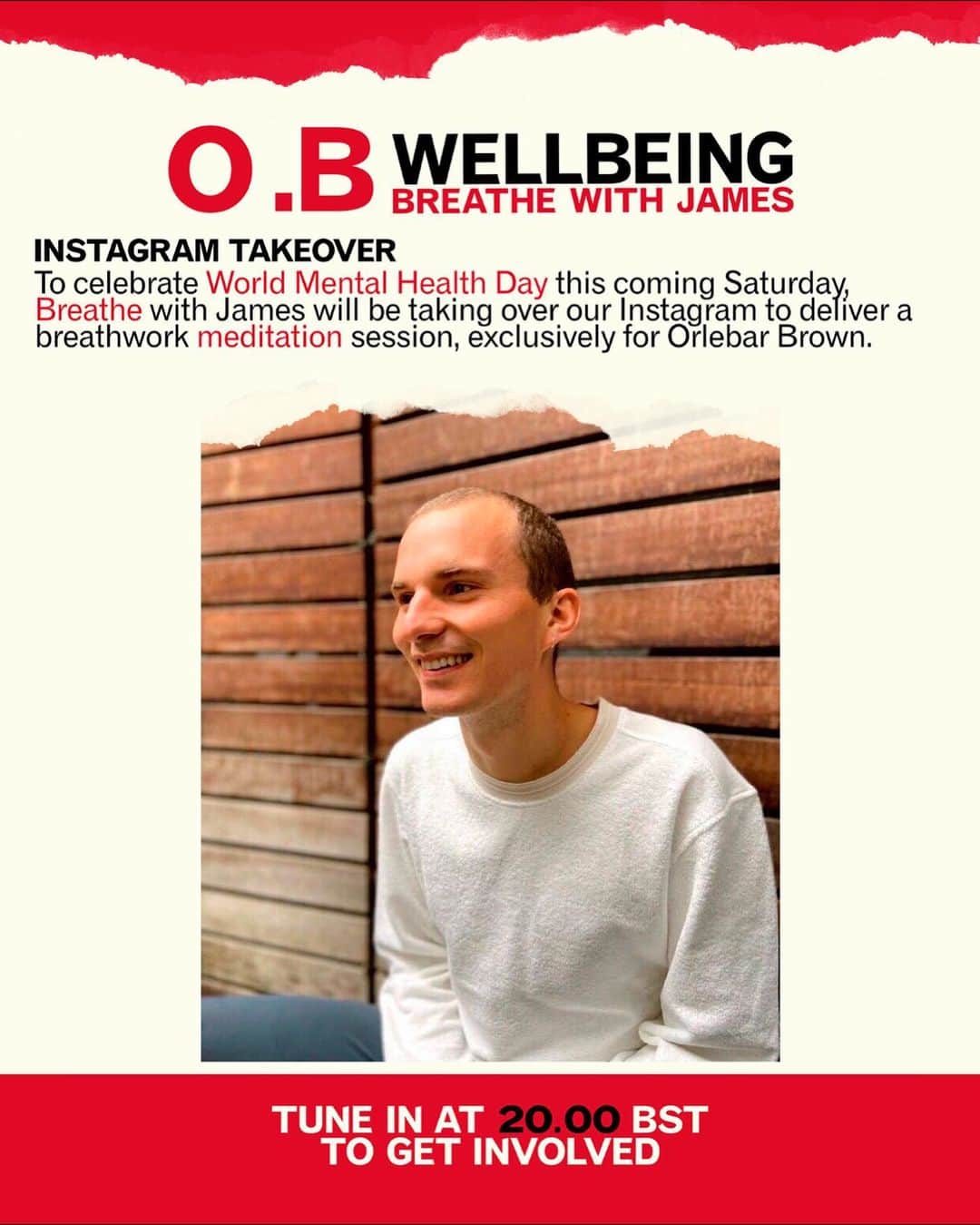 オールバーブラウンのインスタグラム：「Join us as we celebrate #WorldMentalHealthDay with @BreatheWithJames who is hosting a breath work for resilience session, guiding us to use the breath to help improve & increase your ability to process and deal with stress...just bring a pair of 🎧 and settle in for the evening! See you in 3 hours @ 8pm BST 🧘‍♂️  #DoseOfSun #OrlebarBrown #OBsAroundTheWorld」