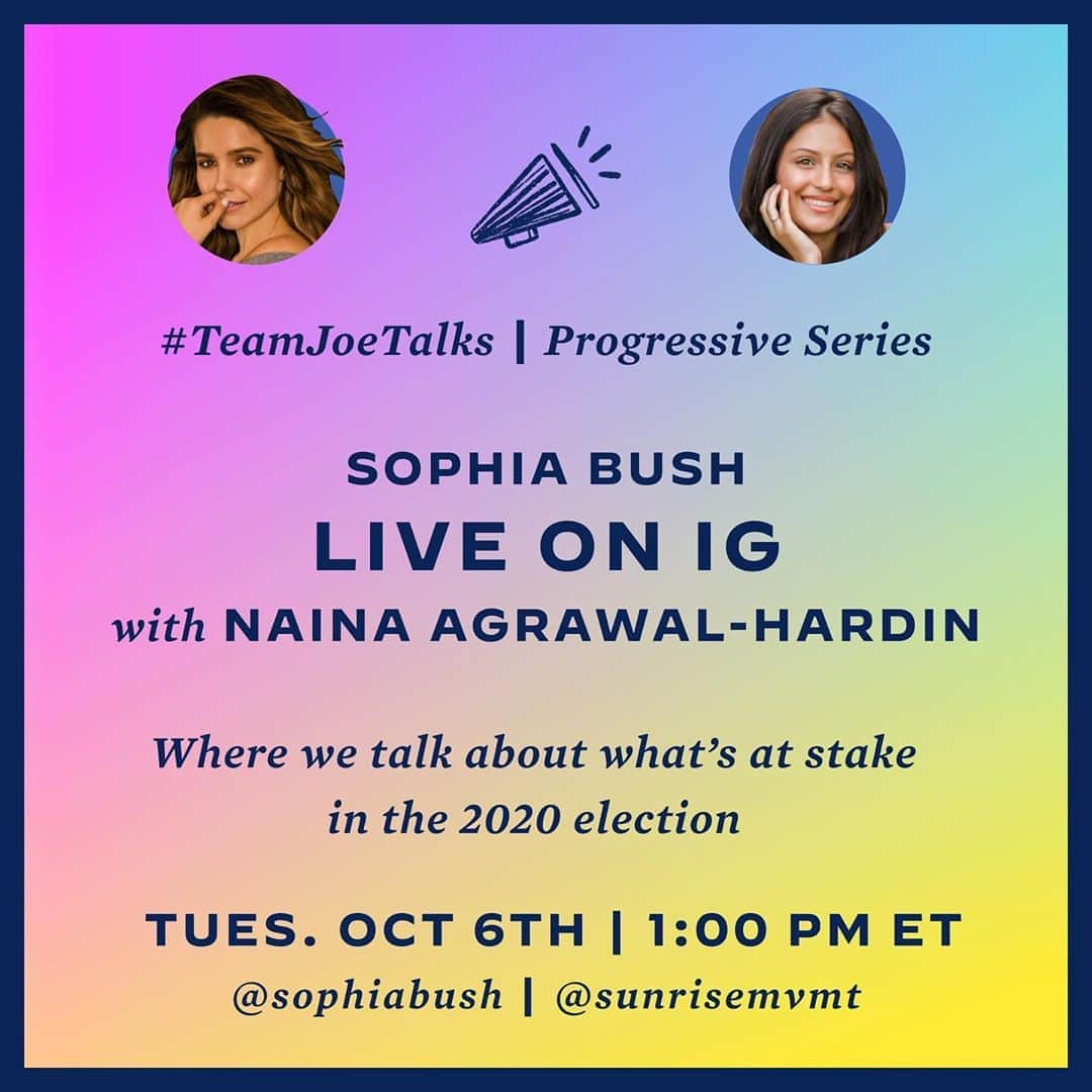 ソフィア・ブッシュさんのインスタグラム写真 - (ソフィア・ブッシュInstagram)「Hey Team! One of the things we are casting our #vote for!? Climate! 💙🌎♻️ Let’s talk with @sunrisemvmt‘s @nainagra about #TeamJoe’s climate plan! A better Earth and more jobs!? Count me in. See you LIVE at 10am PST / 1pm EST today! #TeamJoeTalks」10月7日 1時26分 - sophiabush