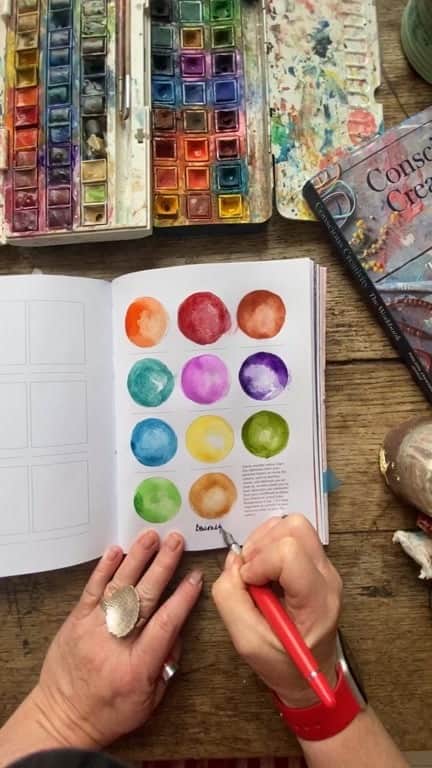 Tea and sittingのインスタグラム：「An exercise from my new Workbook which is published today! 📘🖋🎨...I really loved all your input on this Live!!! ‘Apricot Wagon’ and ‘Plastic Necklaces’ were my absolute favourite colour names!! Just waiting to see if I can unglue my pages now 😆 ( P.S Wearing my favourite @sikadesigns dress with yellow @riorollerofficial skates ♥️ ) #cctheworkbook #consciouscreativity @consciouscreativity @leapingharepress @quartocreates」