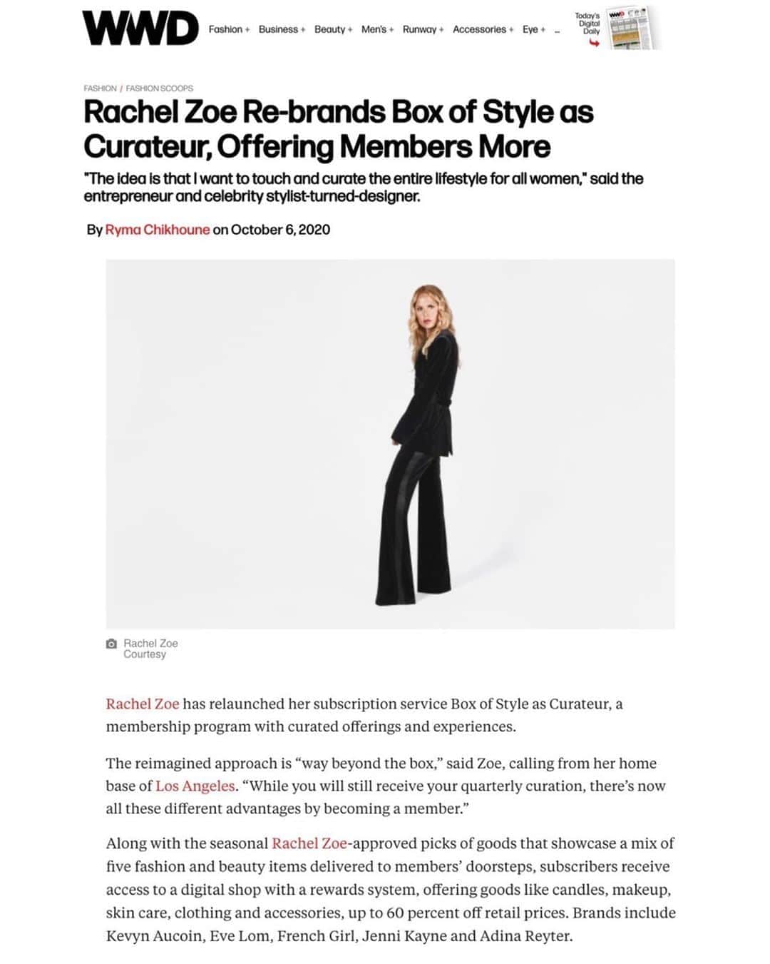 レイチェル・ゾーのインスタグラム：「Thank you @wwd for allowing me to gush about @curateur formerly known as the Box of Style. With your #CURATEUR membership you still get your beloved seasonal box, but now you get SO MUCH MORE! Head to the link in my bio to read all about it! ✨XoRZ」
