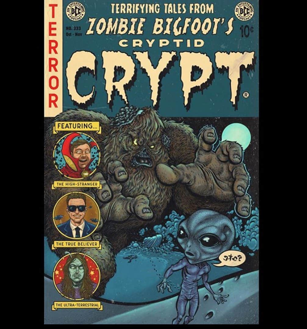 ブライス・ジョンソンのインスタグラム：「🎃 It’s that time of the year again! And we at @bigfootcollectorsclub are celebrating the best month of the year with the ‘Terrifying Tales of Zombie Bigfoot’s Cryptid Crypt’! With this incredible original artwork done by @tylerbence_art 👻 go to tee-public right now and get yourself a hoody, a sticker, a coffee mug or all three. I did! It’s easy. Just click the link in my bio choose your item and size, and represent! 👹」