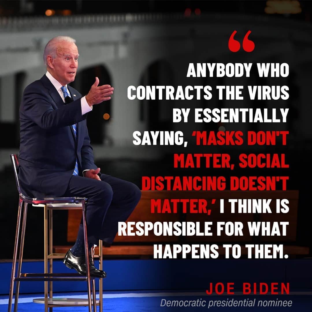 CNNさんのインスタグラム写真 - (CNNInstagram)「Joe Biden said Monday night that President Trump is responsible for contracting coronavirus, faulting Trump for failing to wear masks and follow social distancing guidelines. The comment during an NBC town hall was Biden's most direct criticism of Trump since the President revealed early Friday morning that he had tested positive for the virus. Holding up a mask, he said, "I view wearing this mask, not so much protecting me, but as a patriotic responsibility."⁠ (📸: Roberto Schmidy/AFP via Getty Images)⁠」10月7日 7時30分 - cnn