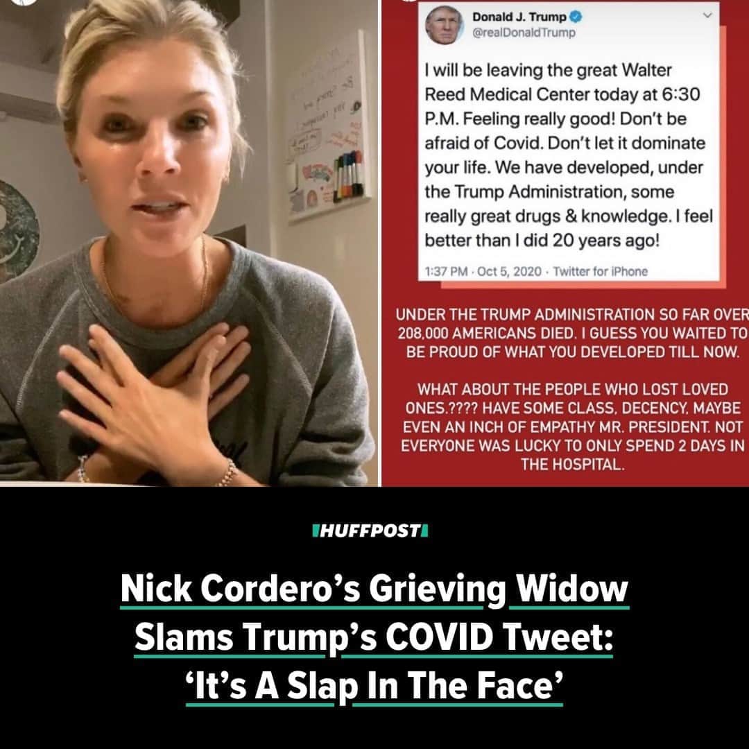 Huffington Postさんのインスタグラム写真 - (Huffington PostInstagram)「Amanda Kloots is calling President Donald Trump’s tweet about COVID-19 “beyond hurtful.”⁠ ⁠ The widow of Broadway star Nick Cordero, who died at age 41 after a 95-day battle with the coronavirus, shared several emotional posts on Instagram Monday after reading the president’s remarks about his own COVID-19 diagnosis.⁠ ⁠ Trump tweeted Monday that Americans shouldn’t “be afraid” of COVID-19 after he left Walter Reed National Military Medical Center despite still being infected with the virus. “Don’t let it dominate your life,” he wrote. “We have developed, under the Trump Administration, some really great drugs & knowledge. I feel better than I did 20 years ago!”⁠ ⁠ The tweet, consistent with Trump’s constant downplaying of the virus, implied that those who die of COVID-19 are weak and suggested that Americans should not fear a virus that has killed over 210,000 people in the United States under his watch.⁠ ⁠ “I’m honestly not a very political person, but this is really kind of hard to ignore,” Kloots said on Instagram Stories in response to the president’s remark. “I’m sitting here in my house and I’m honestly frozen. I can’t even move. I couldn’t believe what I read.”⁠ ⁠ “Not everyone’s lucky enough to walk out of the hospital after two days,” continued Kloots, who is now parenting her 1-year-old son Elvis by herself. “We are afraid, we are. I still am. I think about if I got it, if I got as sick as Nick, little Elvis, he doesn’t have his mom anymore. So I’m afraid.”⁠ ⁠ Kloots also took issue with Trump’s advice that Americans not let the global pandemic “dominate” their lives.⁠ ⁠ “Nick didn’t let it. It wasn’t a choice,” she said as she fought back tears in another Instagram story. “It dominated his life, it dominated my life, it dominated our family’s lives for 95 days and because he didn’t make it, it will forever affect my life. Even if he would have survived, it would have forever affected and changed our lives.”⁠ ⁠ Read more at our link in bio. // 📝 @magooing_it // 📷 @amandakloots」10月7日 8時47分 - huffpost