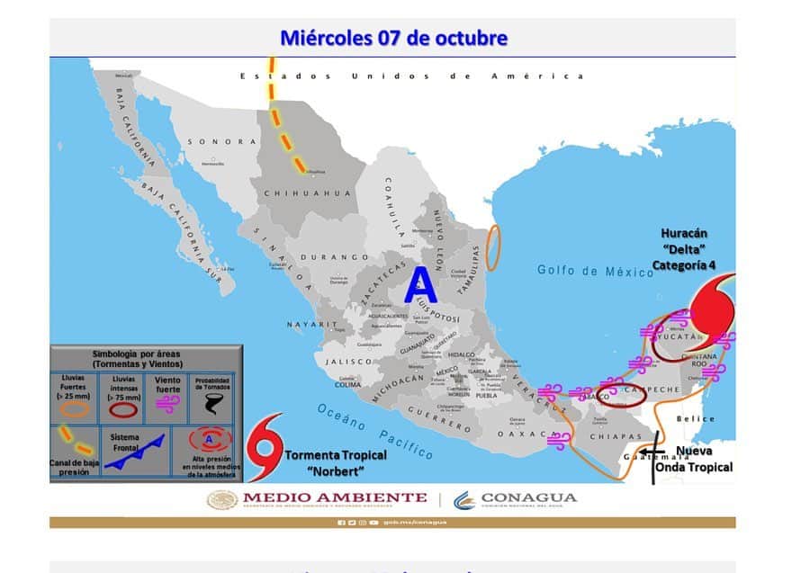 ヤネット・ガルシアのインスタグラム：「DURANTE HOY Y EL MIÉRCOLES, EL EXTREMADAMENTE PELIGROSO HURACÁN "DELTA" DE CATEGORÍA 4, INGRESARÁ EN EL NORESTE DE LA PENÍNSULA DE YUCATÁN, ORIGINARÁ LLUVIAS INTENSAS A PUNTUALES TORRENCIALES, VIENTOS DE 150 A 240 km/h, OLEAJE DE 6 A 10 METROS Y MAREA DE TORMENTA EN LAS COSTAS DE YUCATÁN Y QUINTANA ROO. LAS LLUVIAS MENCIONADAS PODRÁN OCASIONAR INCREMENTO EN LOS NIVELES DE RÍOS Y ARROYOS, DESBORDAMIENTOS, DESLAVES E INUNDACIONES EN ZONAS BAJAS DE LOS ESTADOS MENCIONADOS.  A partir de esta noche, el extremadamente peligroso huracán "Delta" de categoría 4, ingresará a la costa norte de Quintana Roo, originará lluvias intensas a puntuales torrenciales acompañadas de descargas eléctricas en Yucatán y Quintana Roo. A su vez, se prevén vientos de 150 a 240 km/h y oleaje de 6 a 10 metros en las costas de dichas entidades. Las lluvias mencionadas podrán ocasionar incremento en los niveles de ríos y arroyos, desbordamientos, deslaves e inundaciones en zonas bajas de los estados mencionados.  Les dejo aquí la posible trayectoria de este poderoso huracán Delta 🌪☔️ Cuídense mucho 🙏🏻❤️」
